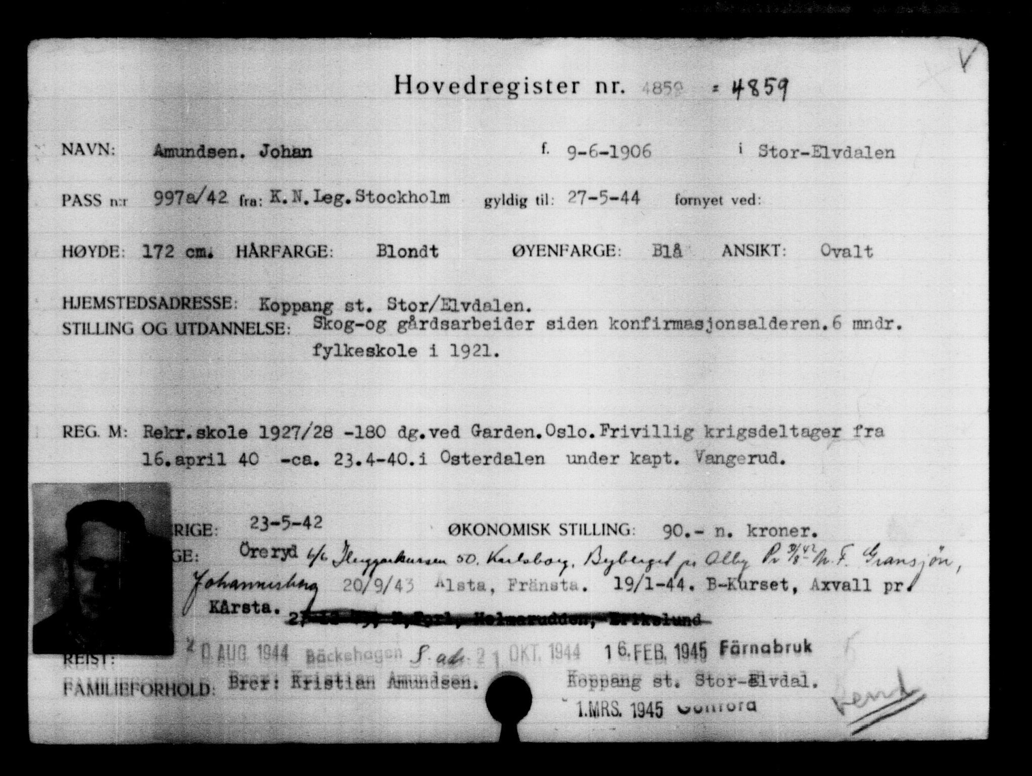 Utenriksstasjonene, Legasjonen i Stockholm, Flyktningkontoret, AV/RA-S-6753/V/Va/L0004: Kjesäterkartoteket, flyktninger med registreringsnr. 3496-6610, 1940-1945, p. 1620