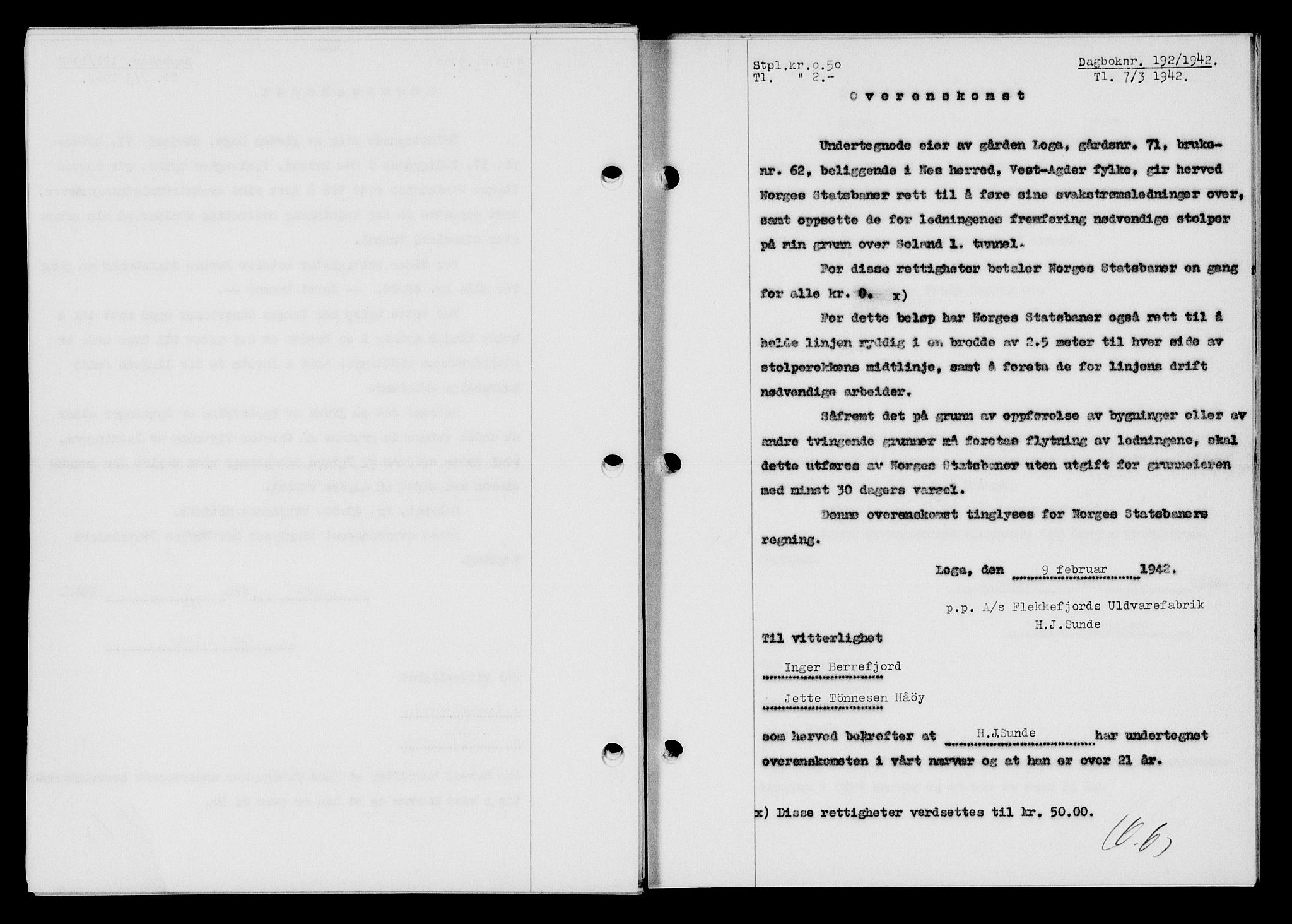 Flekkefjord sorenskriveri, SAK/1221-0001/G/Gb/Gba/L0057: Mortgage book no. A-5, 1941-1942, Diary no: : 192/1942