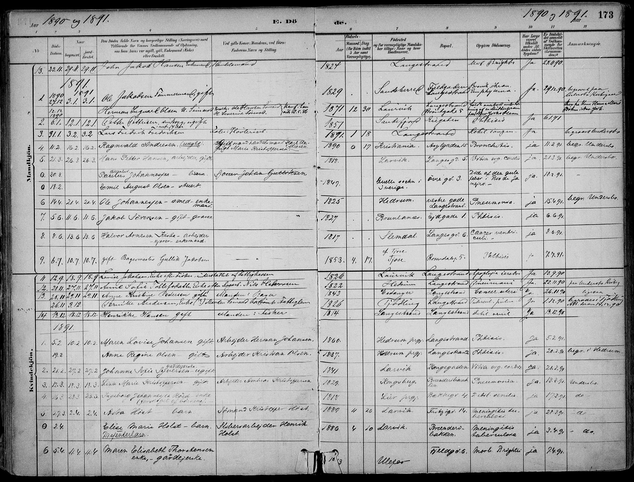 Larvik kirkebøker, AV/SAKO-A-352/F/Fb/L0004: Parish register (official) no. II 4, 1884-1902, p. 173