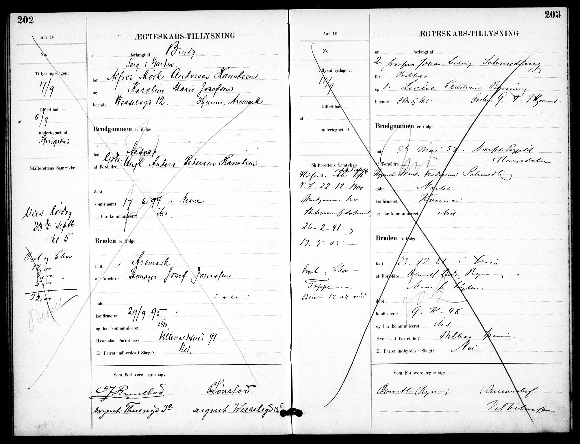 Garnisonsmenigheten Kirkebøker, AV/SAO-A-10846/H/Ha/L0008: Banns register no. I 8, 1894-1908, p. 202-203