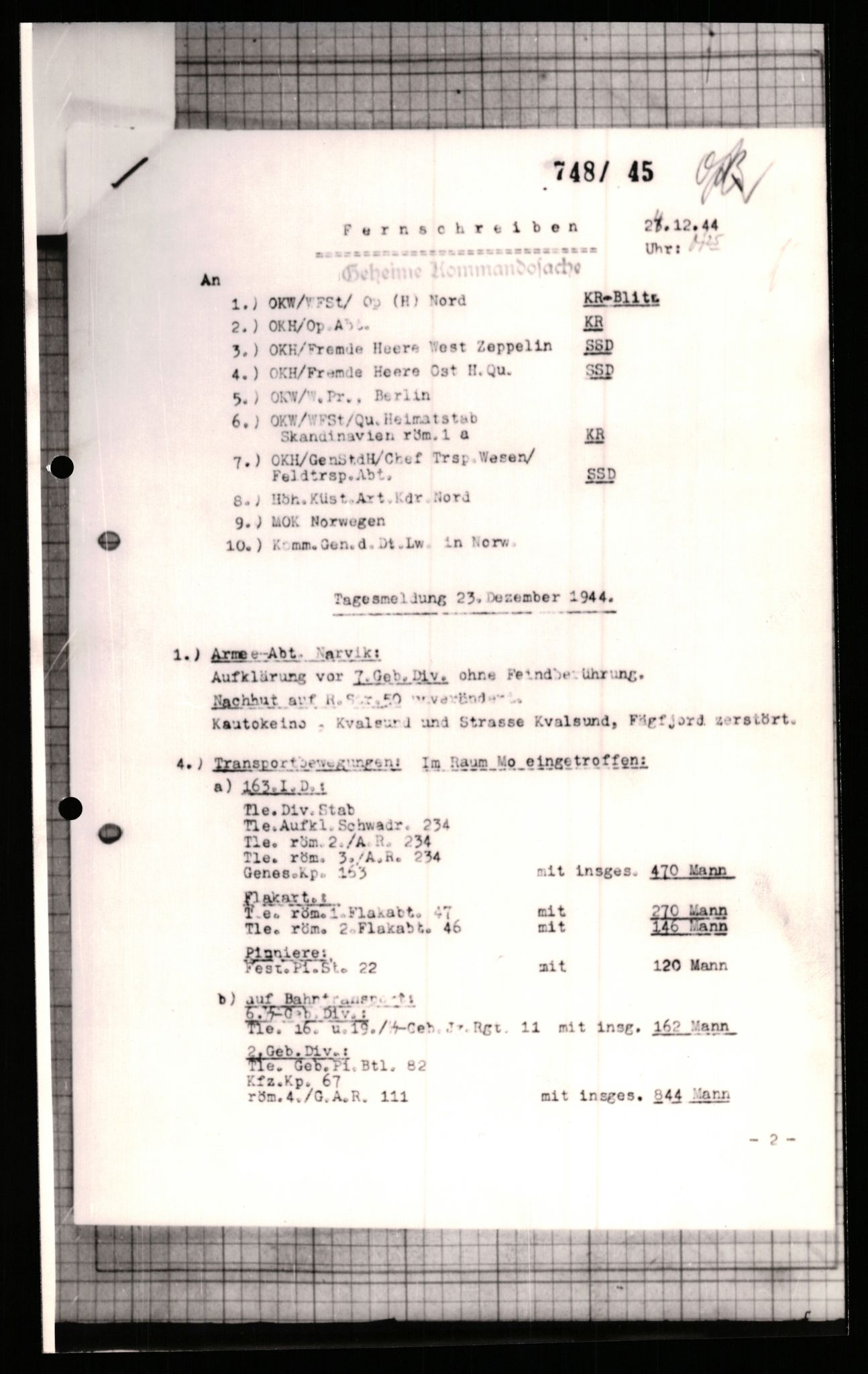 Forsvarets Overkommando. 2 kontor. Arkiv 11.4. Spredte tyske arkivsaker, AV/RA-RAFA-7031/D/Dar/Dara/L0001: Krigsdagbøker for 20. Gebirgs-Armee-Oberkommando (AOK 20), 1944-1945, p. 100