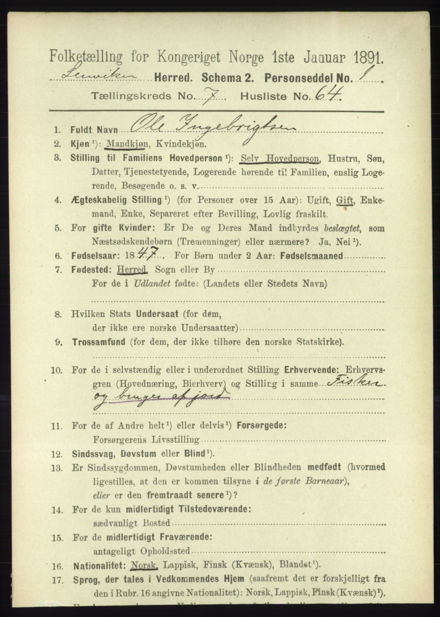 RA, 1891 census for 1931 Lenvik, 1891, p. 4168