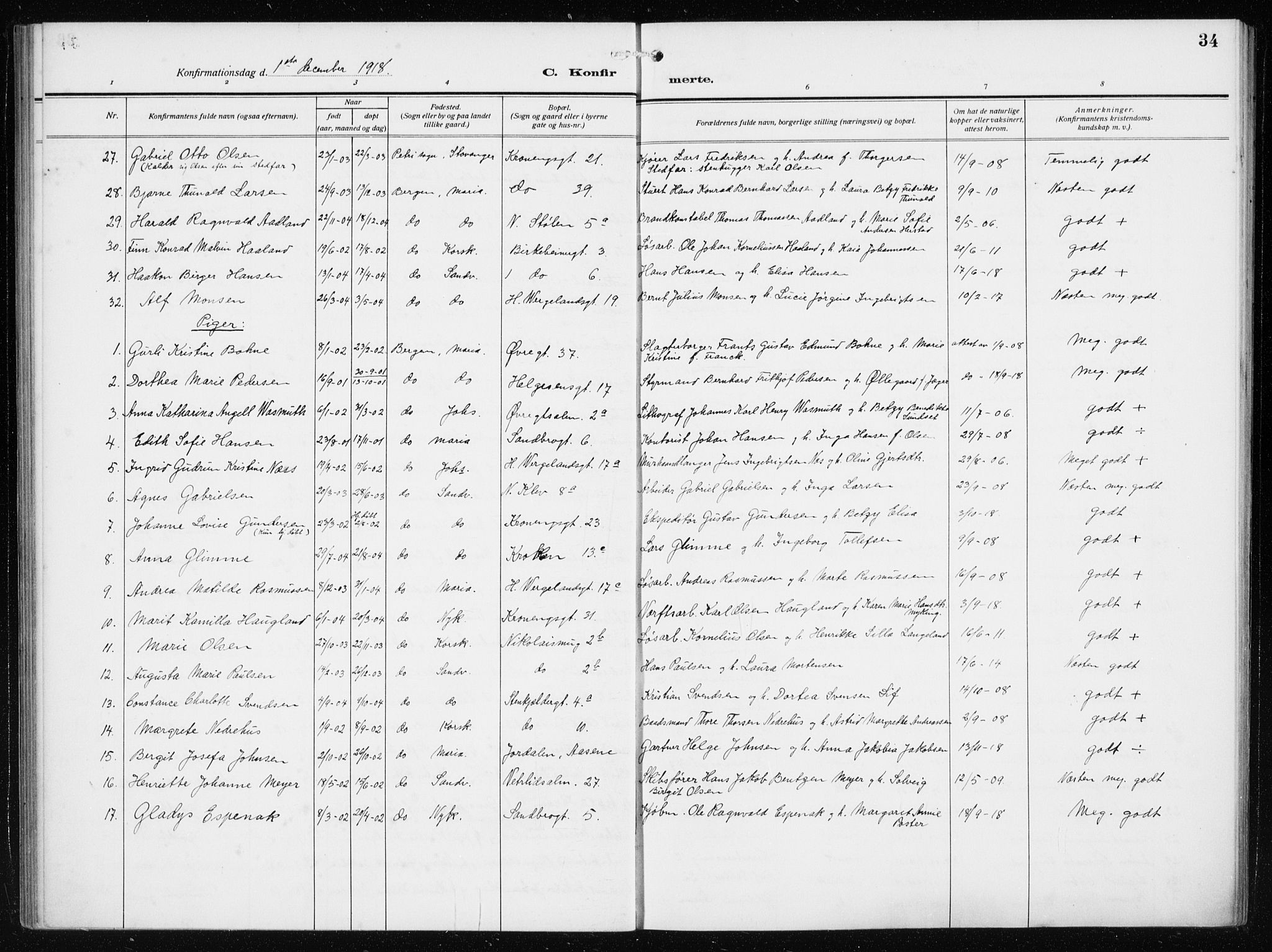 Mariakirken Sokneprestembete, AV/SAB-A-76901/H/Haa/L0015: Parish register (official) no. C 3, 1913-1927, p. 34