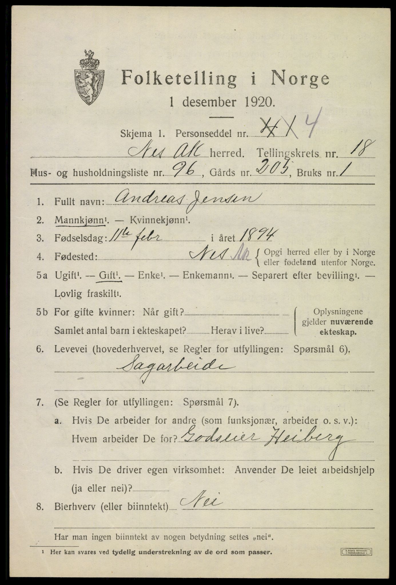 SAO, 1920 census for Nes, 1920, p. 18898