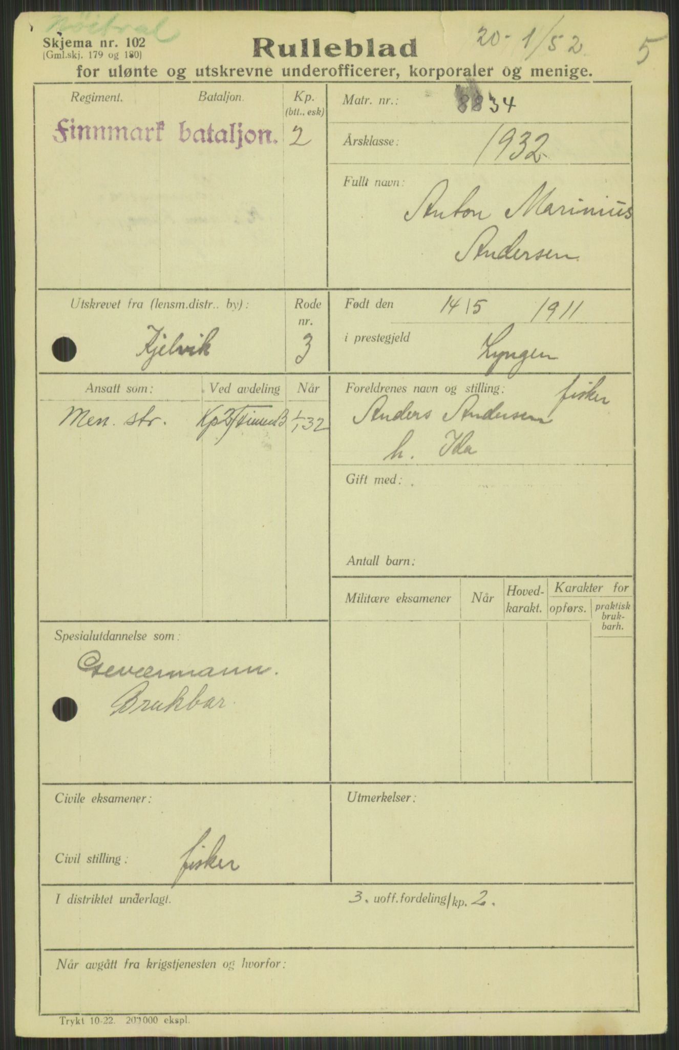 Forsvaret, Varanger bataljon, AV/RA-RAFA-2258/1/D/L0440: Rulleblad for fødte 1892-1912, 1892-1912, p. 5