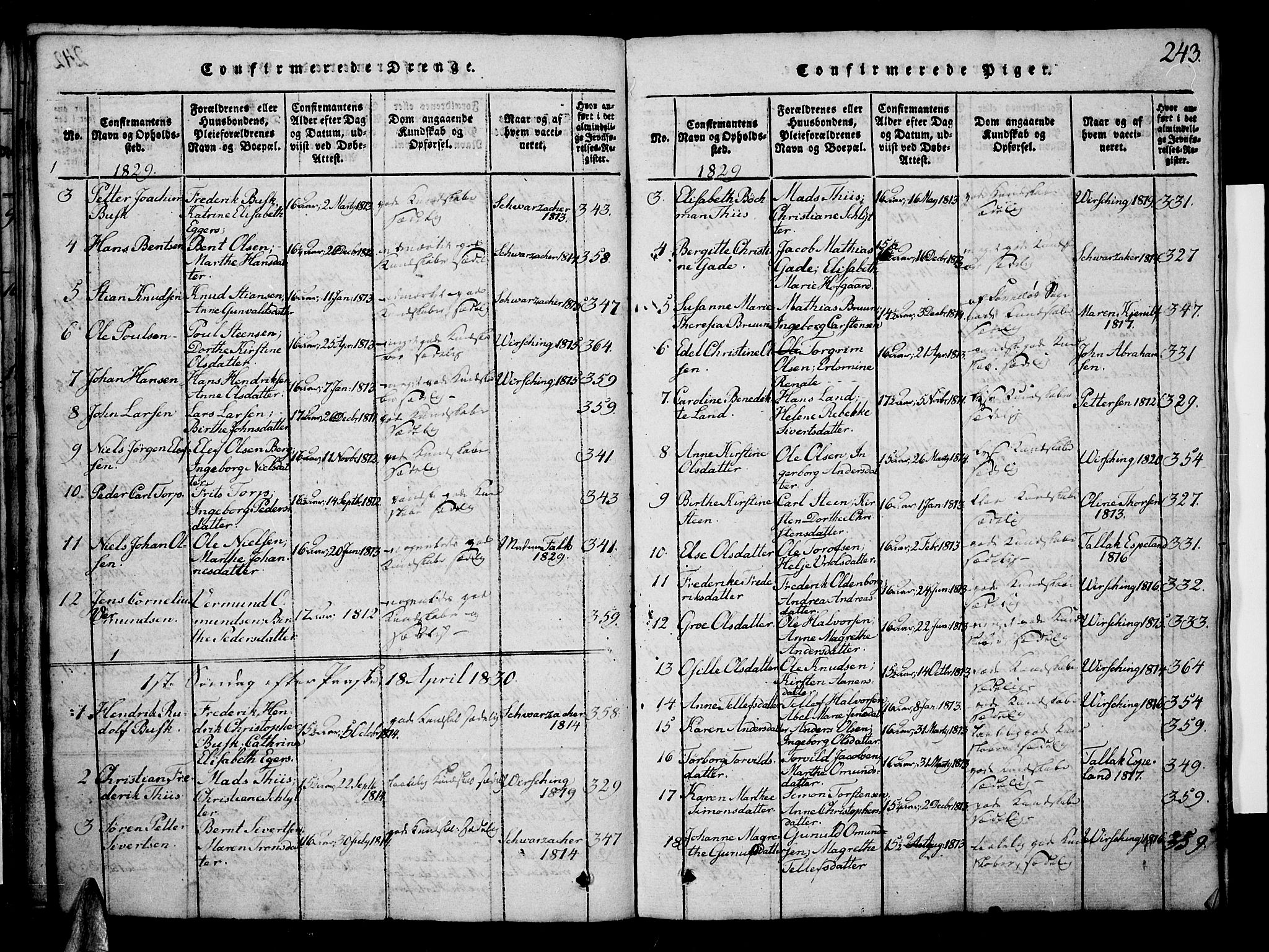 Risør sokneprestkontor, AV/SAK-1111-0035/F/Fb/L0004: Parish register (copy) no. B 4, 1816-1848, p. 243