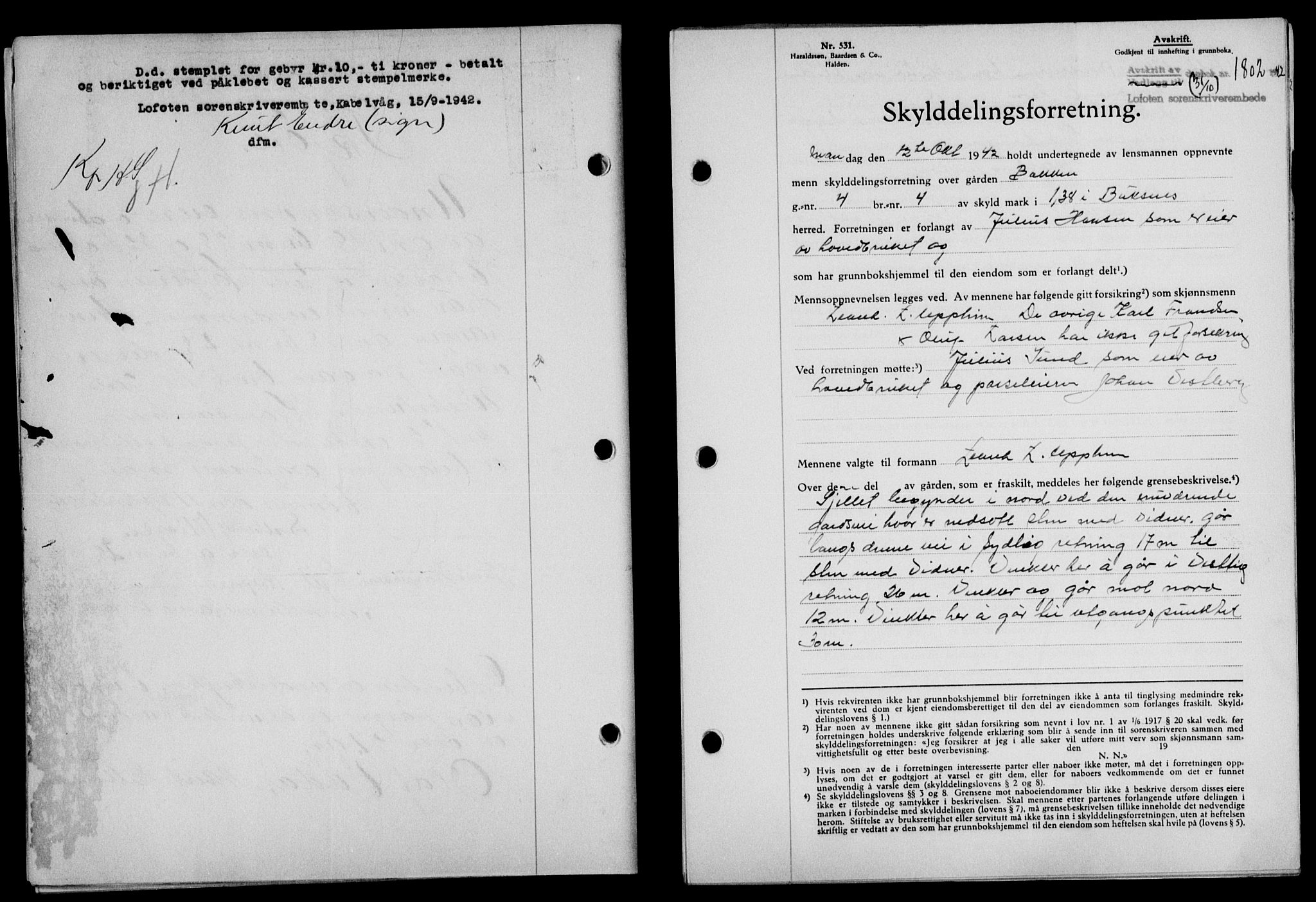 Lofoten sorenskriveri, SAT/A-0017/1/2/2C/L0010a: Mortgage book no. 10a, 1942-1943, Diary no: : 1802/1942