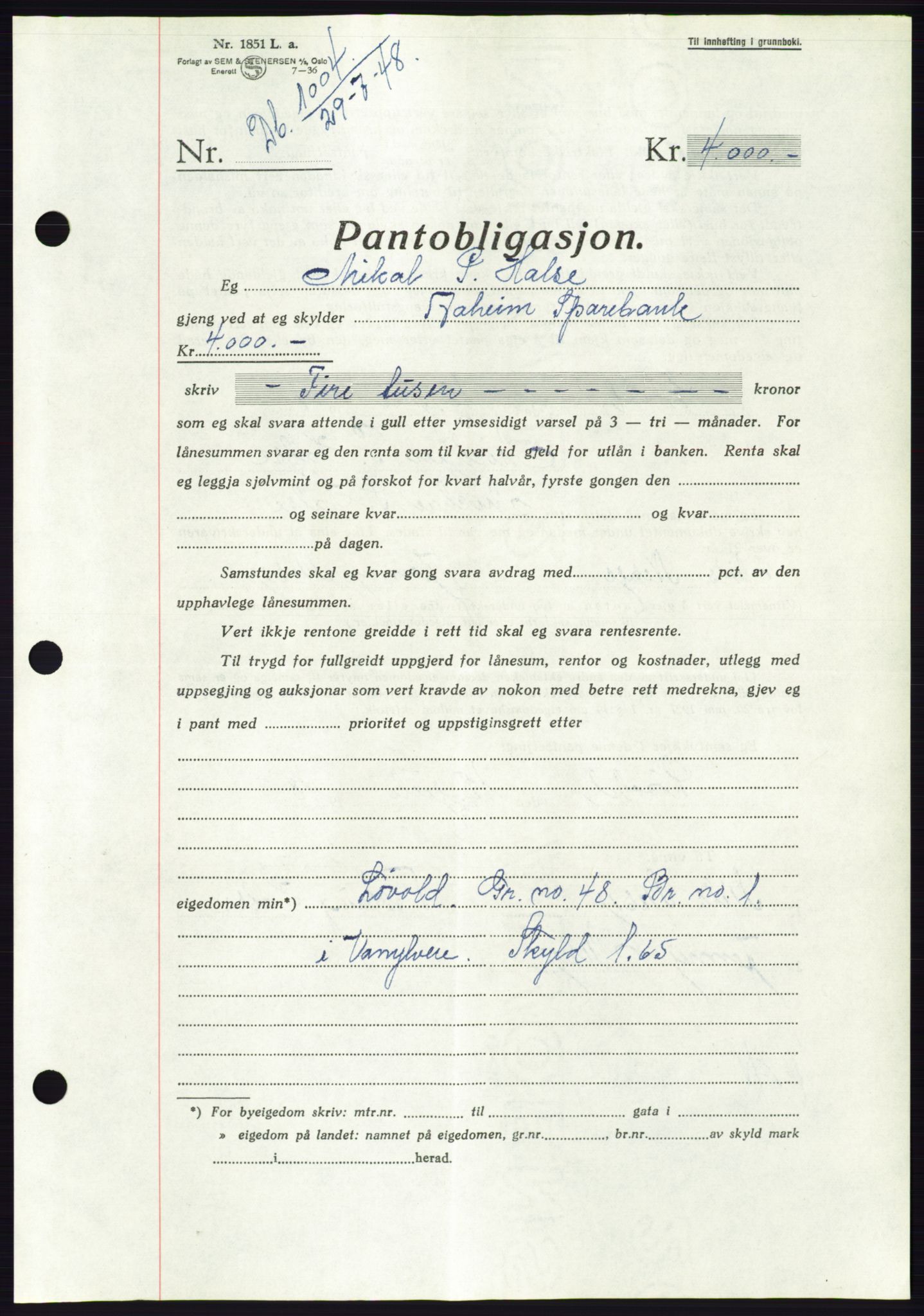 Søre Sunnmøre sorenskriveri, AV/SAT-A-4122/1/2/2C/L0116: Mortgage book no. 4B, 1948-1949, Diary no: : 1004/1948