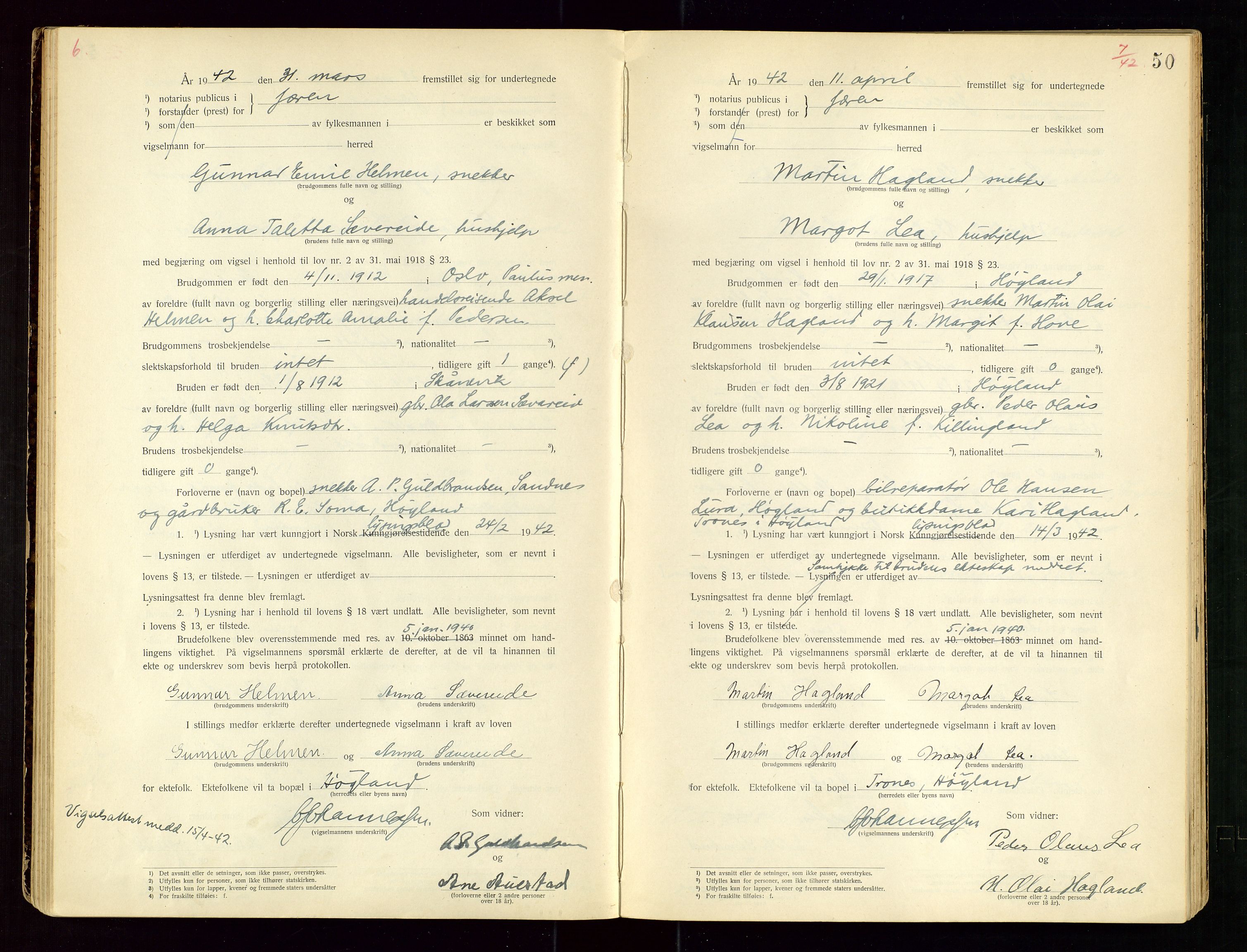 Jæren sorenskriveri, AV/SAST-A-100310/01/6/62/62BA/L0002: VIGSELSPROTOKOLL, 1937-1942, p. 50