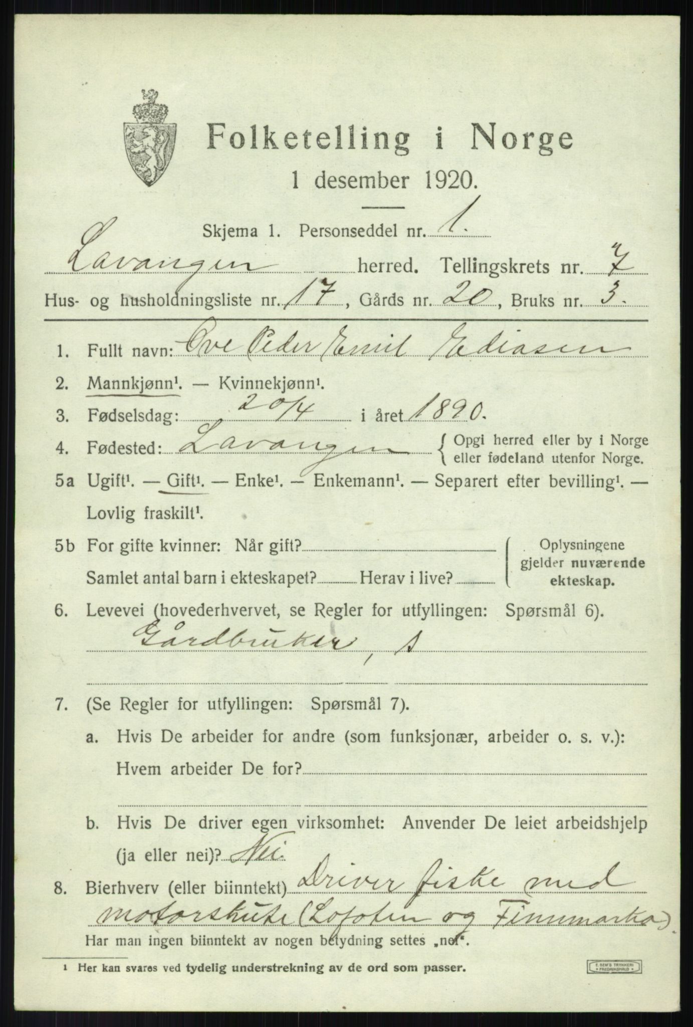 SATØ, 1920 census for Lavangen, 1920, p. 2909