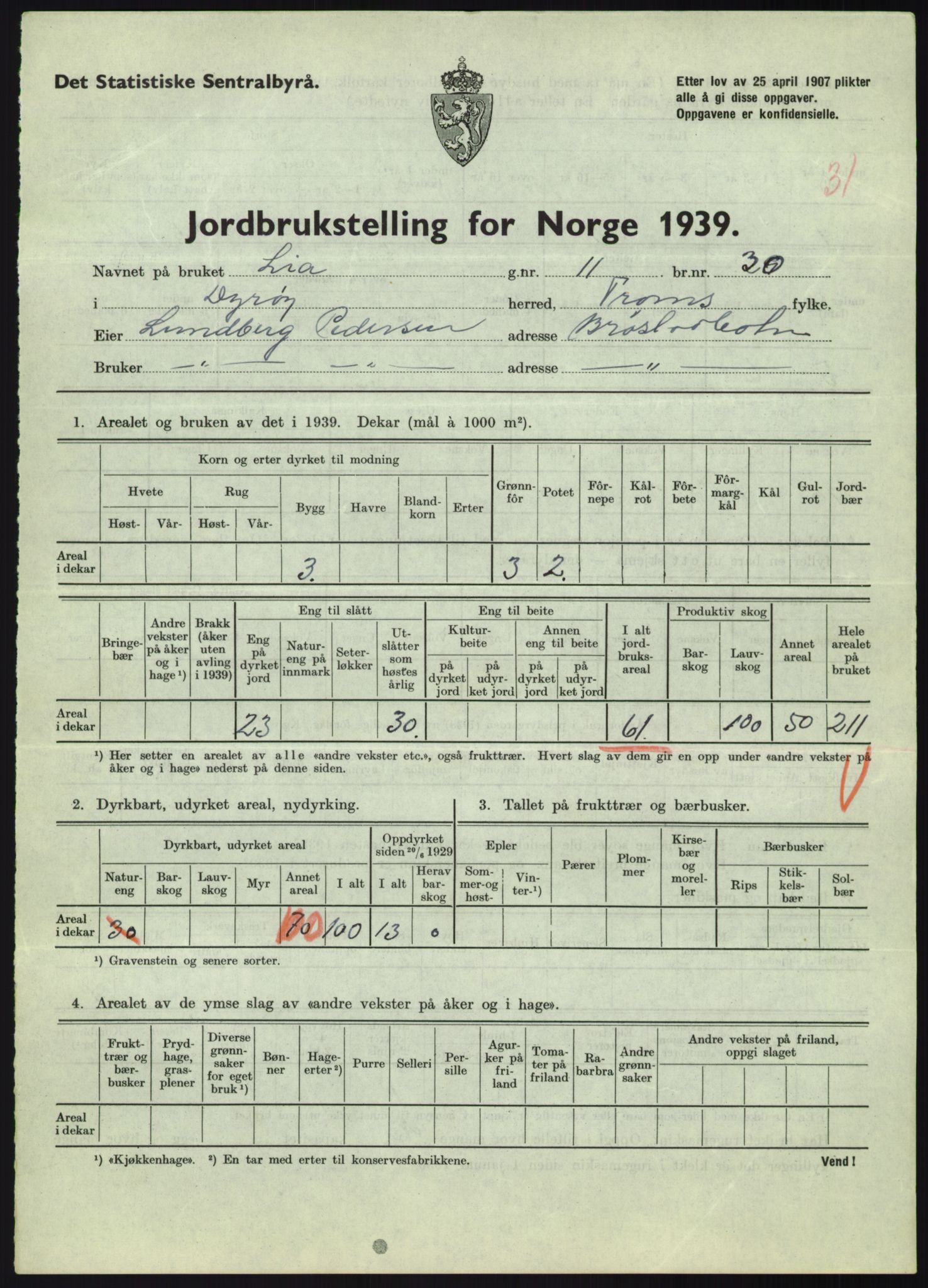 Statistisk sentralbyrå, Næringsøkonomiske emner, Jordbruk, skogbruk, jakt, fiske og fangst, AV/RA-S-2234/G/Gb/L0340: Troms: Salangen og Dyrøy, 1939, p. 1456