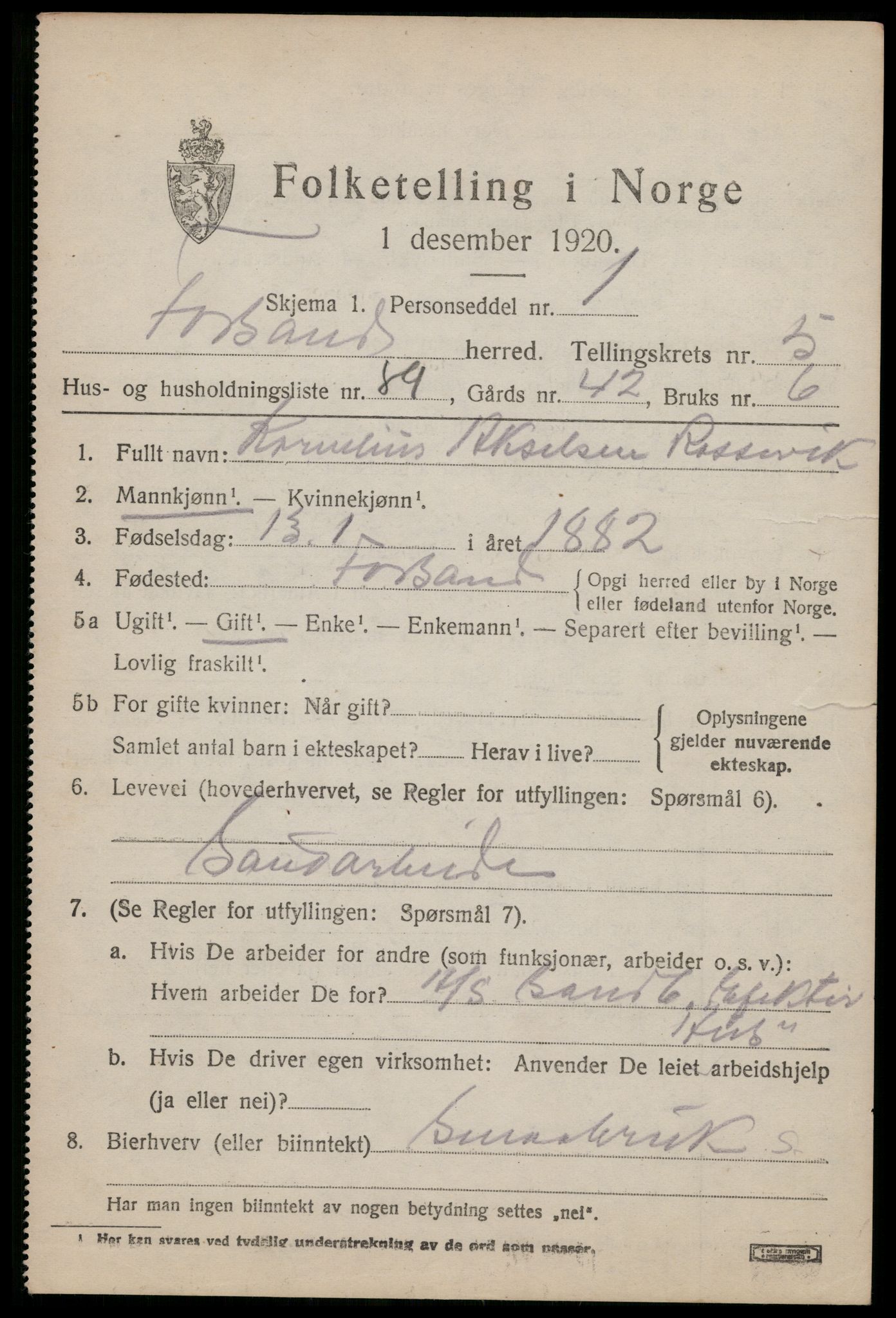 SAST, 1920 census for Forsand, 1920, p. 2753