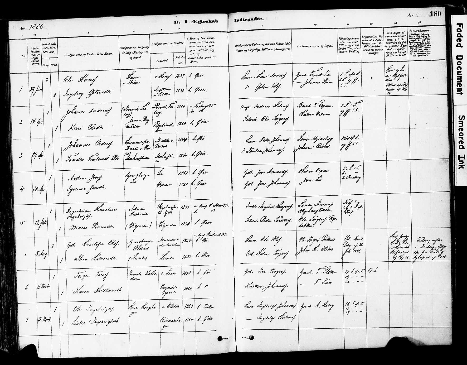 Øyer prestekontor, SAH/PREST-084/H/Ha/Haa/L0008: Parish register (official) no. 8, 1878-1897, p. 180