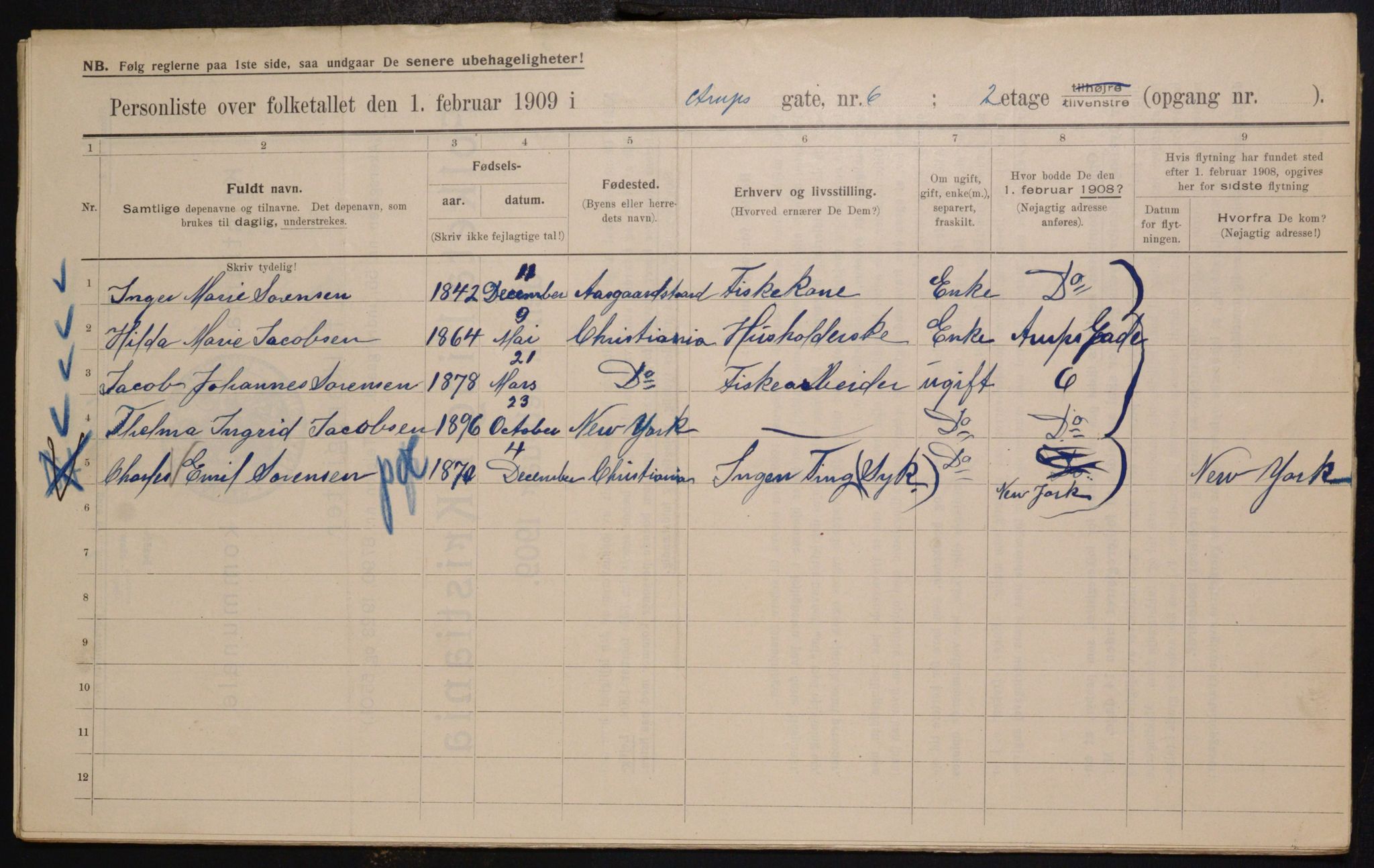 OBA, Municipal Census 1909 for Kristiania, 1909, p. 2073