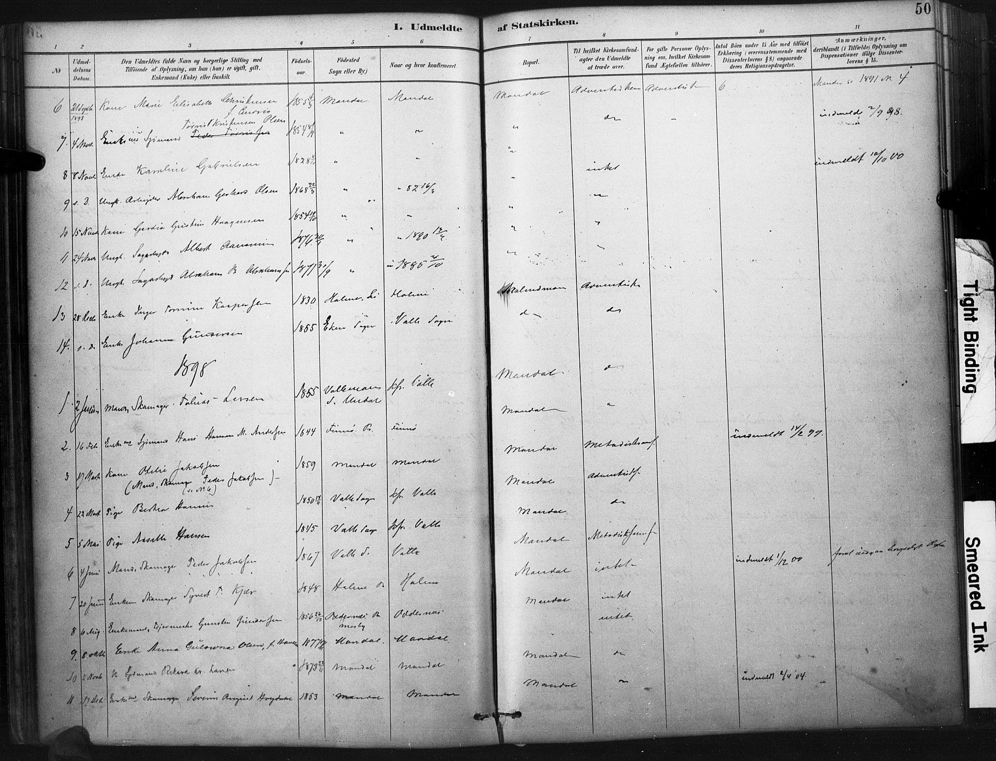 Mandal sokneprestkontor, SAK/1111-0030/F/Fa/Faa/L0017: Parish register (official) no. A 17, 1880-1926, p. 50