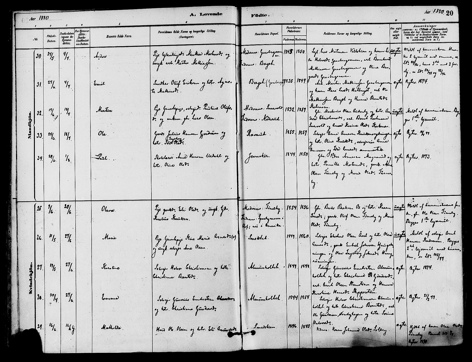 Våler prestekontor, Hedmark, AV/SAH-PREST-040/H/Ha/Haa/L0002: Parish register (official) no. 3, 1879-1911, p. 20