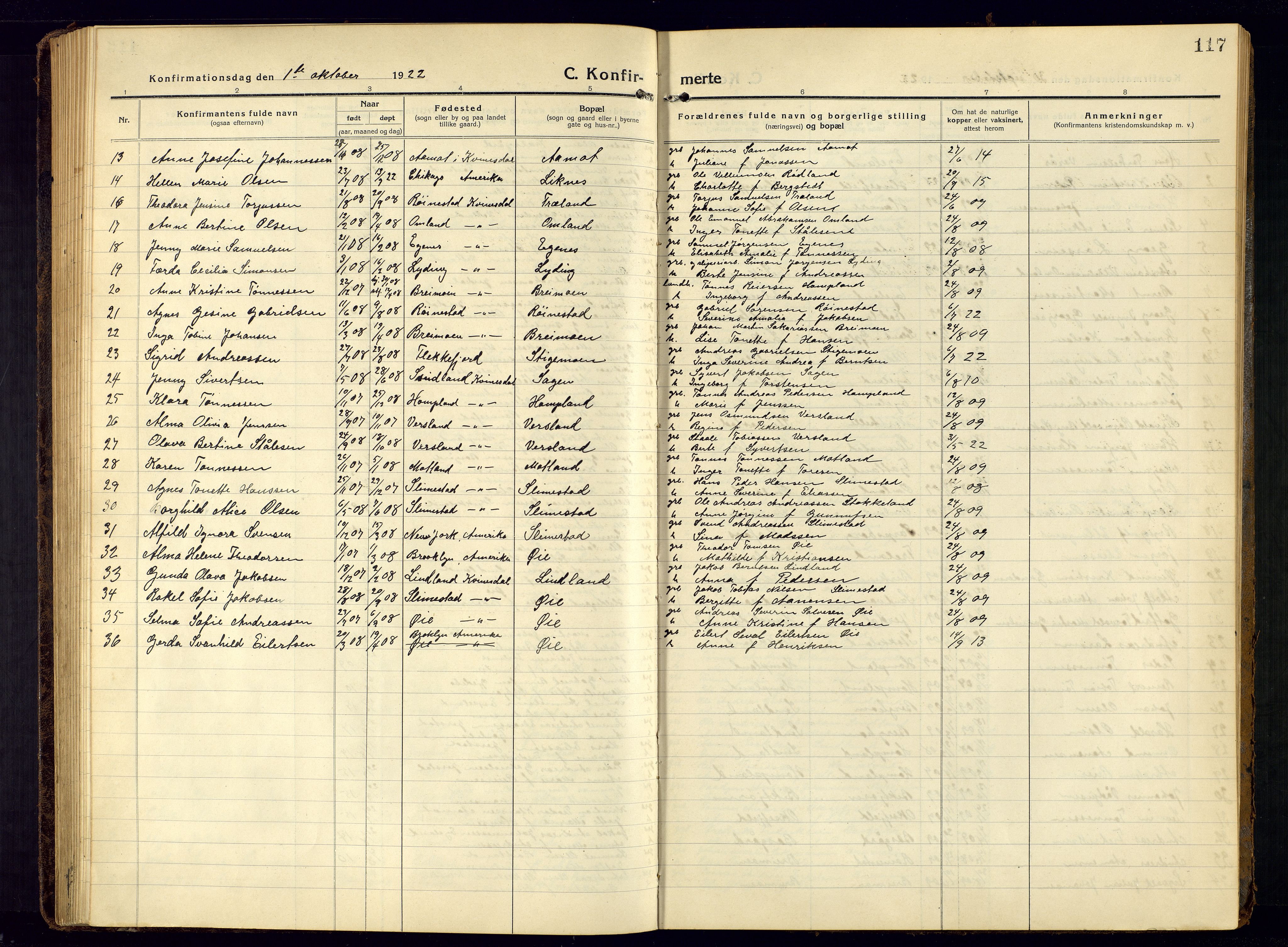 Kvinesdal sokneprestkontor, SAK/1111-0026/F/Fb/Fbb/L0004: Parish register (copy) no. B 4, 1917-1938, p. 117