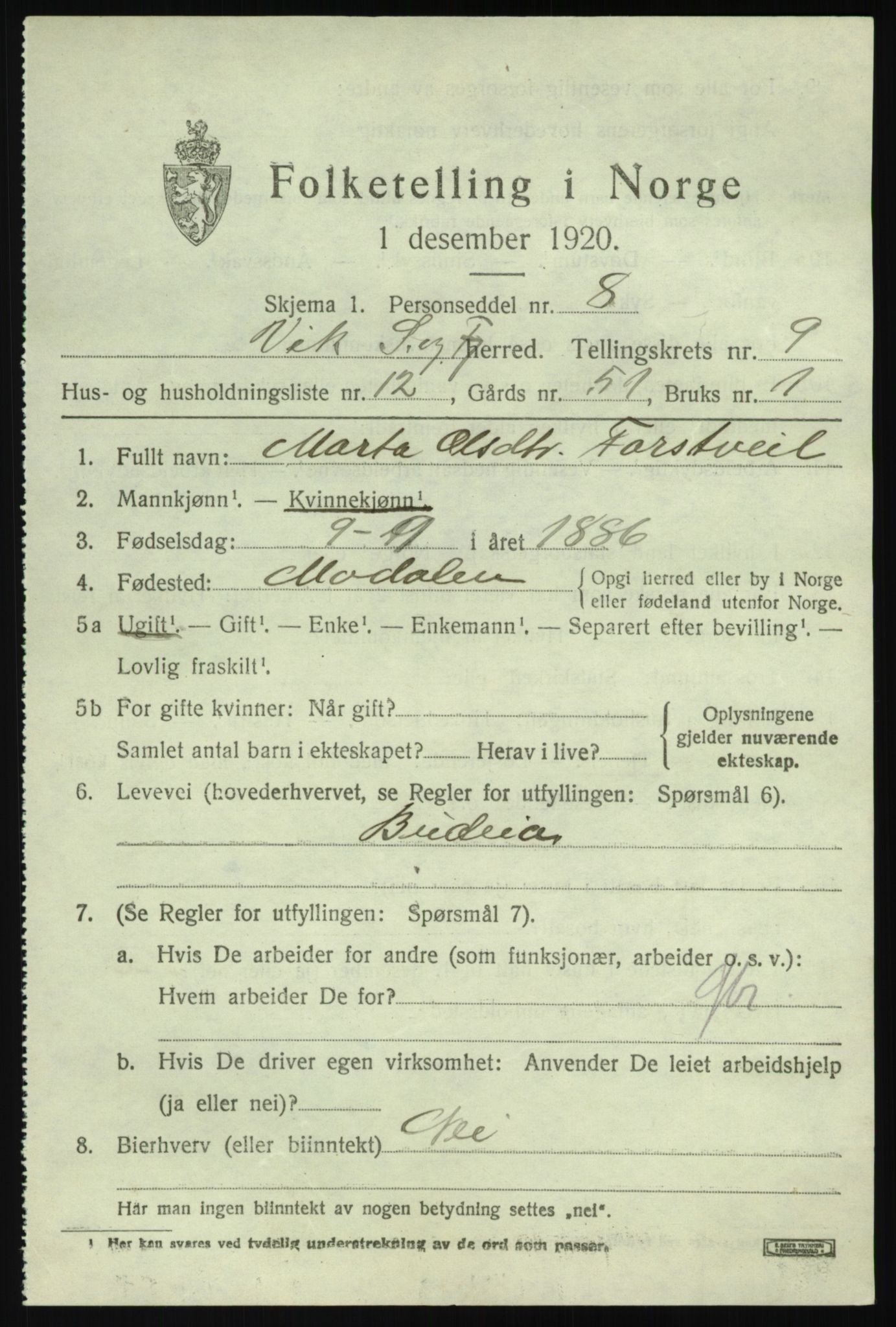 SAB, 1920 census for Vik, 1920, p. 5669