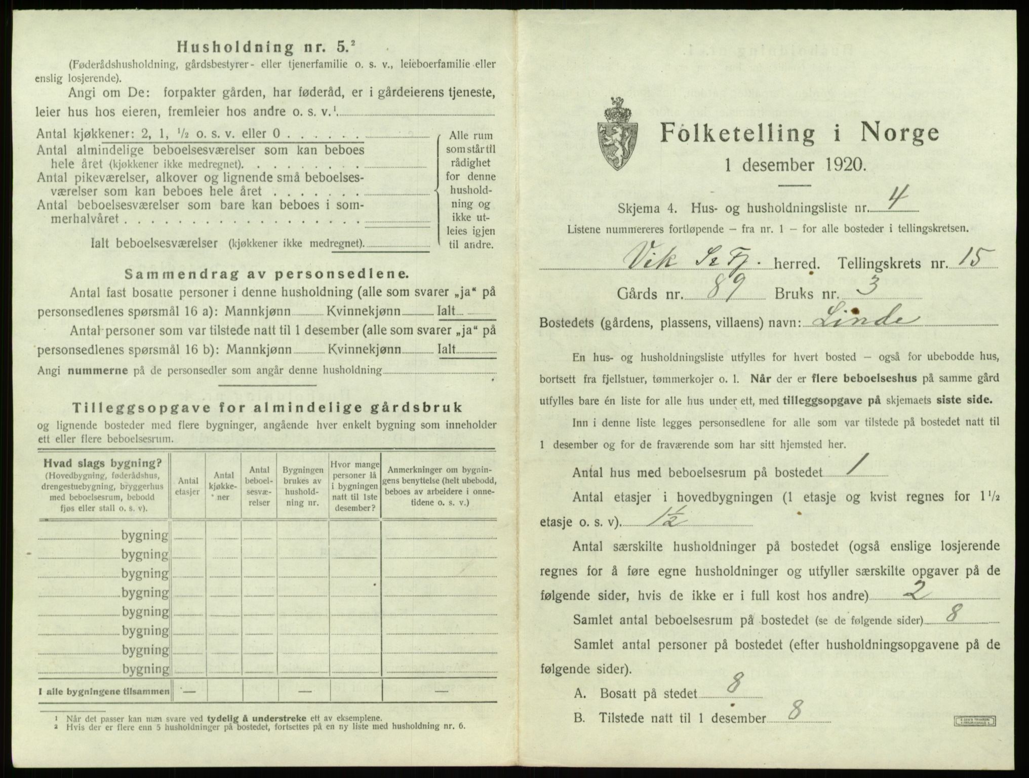 SAB, 1920 census for Vik, 1920, p. 1246