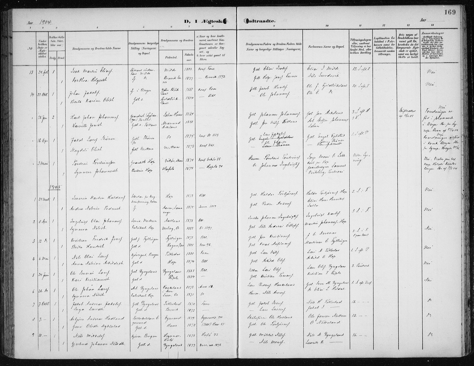 Fana Sokneprestembete, SAB/A-75101/H/Haa/Haai/L0003: Parish register (official) no. I 3, 1900-1912, p. 169