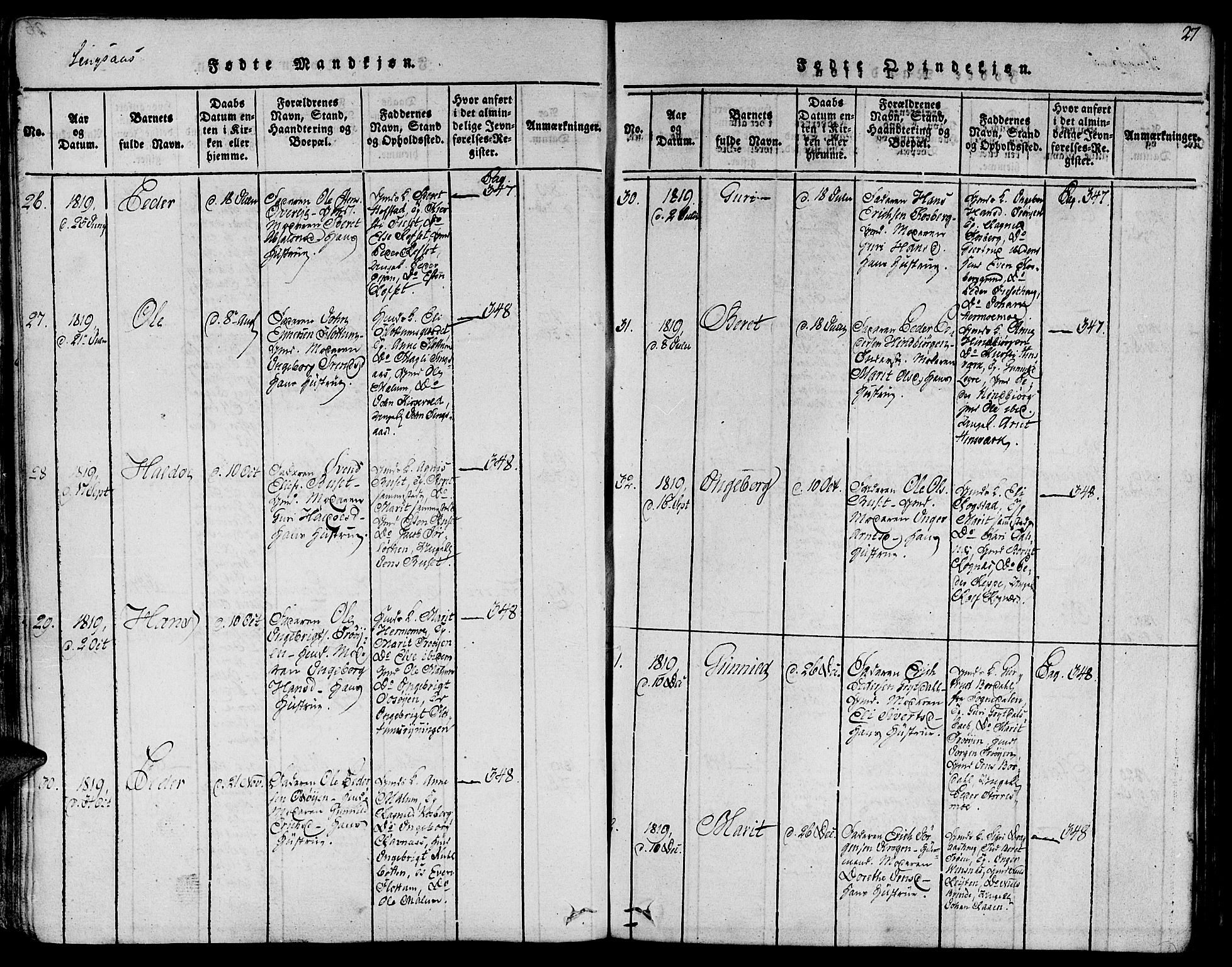 Ministerialprotokoller, klokkerbøker og fødselsregistre - Sør-Trøndelag, SAT/A-1456/685/L0955: Parish register (official) no. 685A03 /2, 1817-1829, p. 27