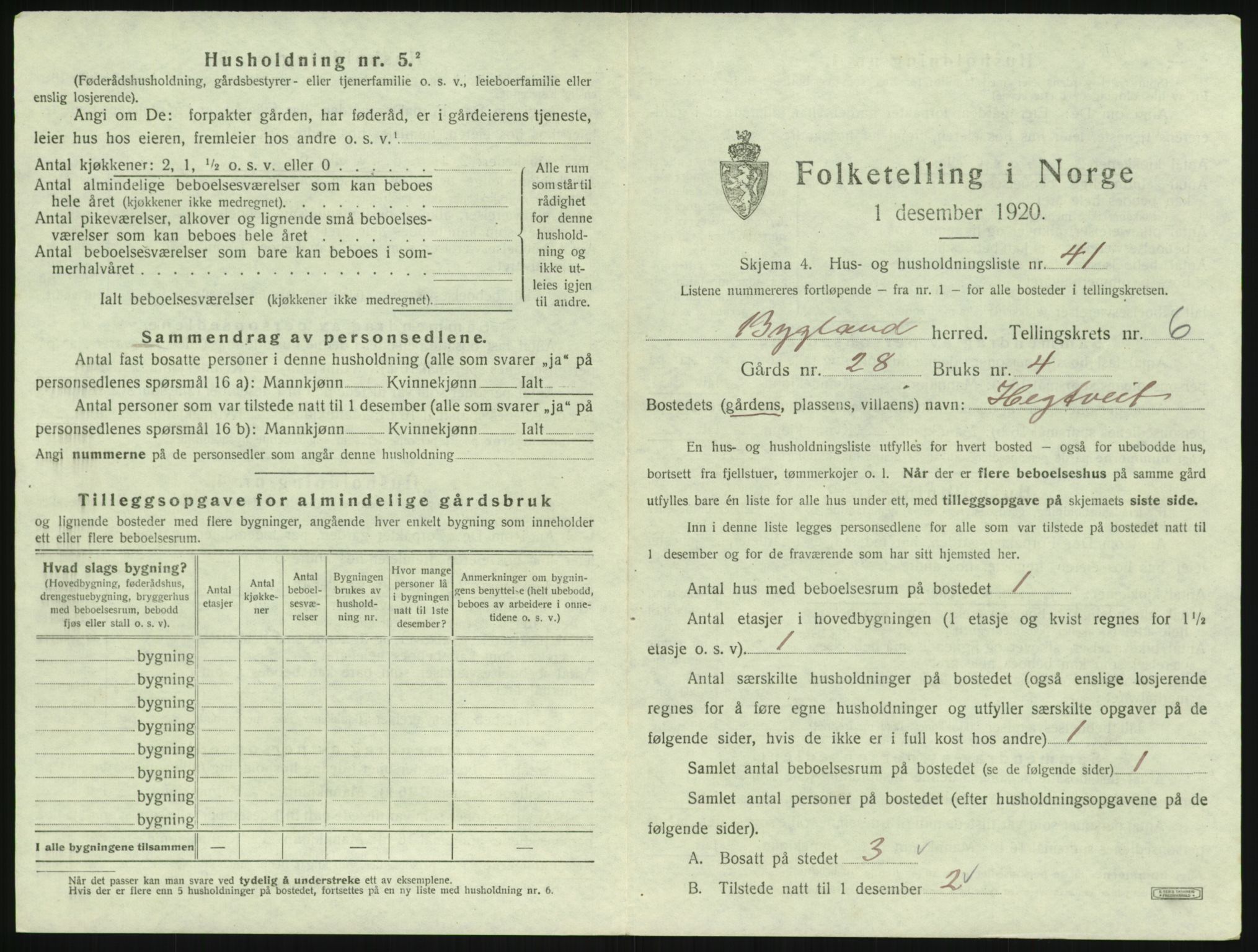 SAK, 1920 census for Bygland, 1920, p. 361