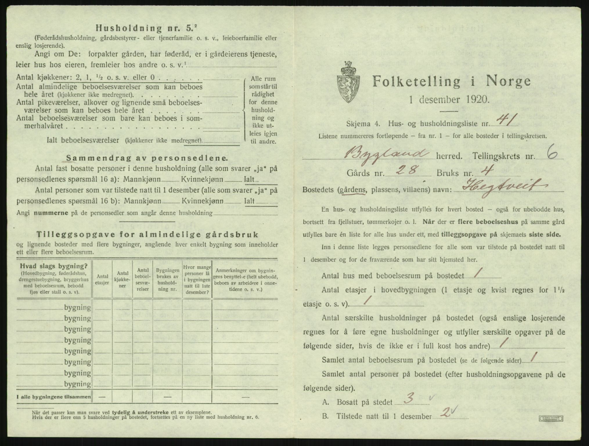 SAK, 1920 census for Bygland, 1920, p. 361