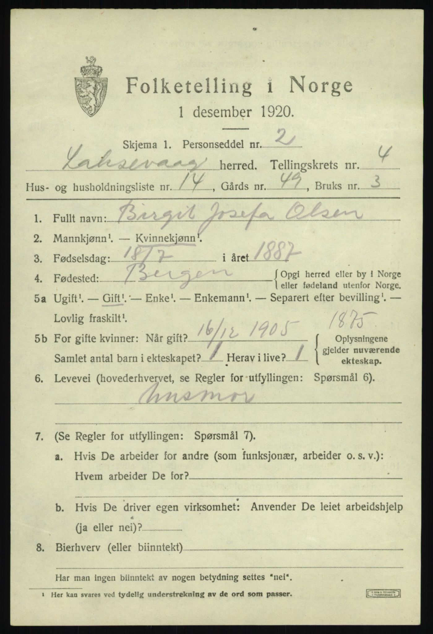 SAB, 1920 census for Laksevåg, 1920, p. 13604