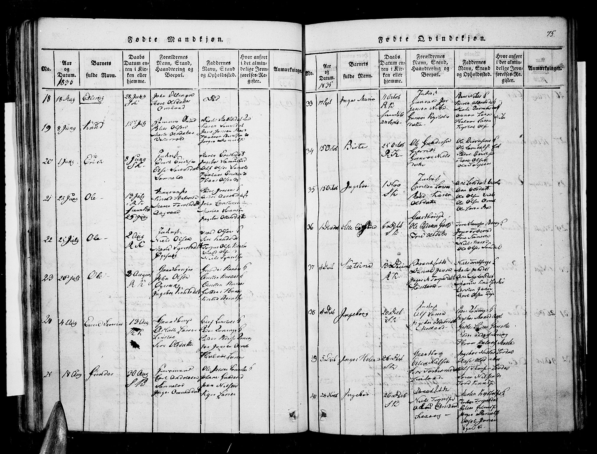 Søndeled sokneprestkontor, AV/SAK-1111-0038/F/Fa/L0001: Parish register (official) no. A 1, 1816-1838, p. 75