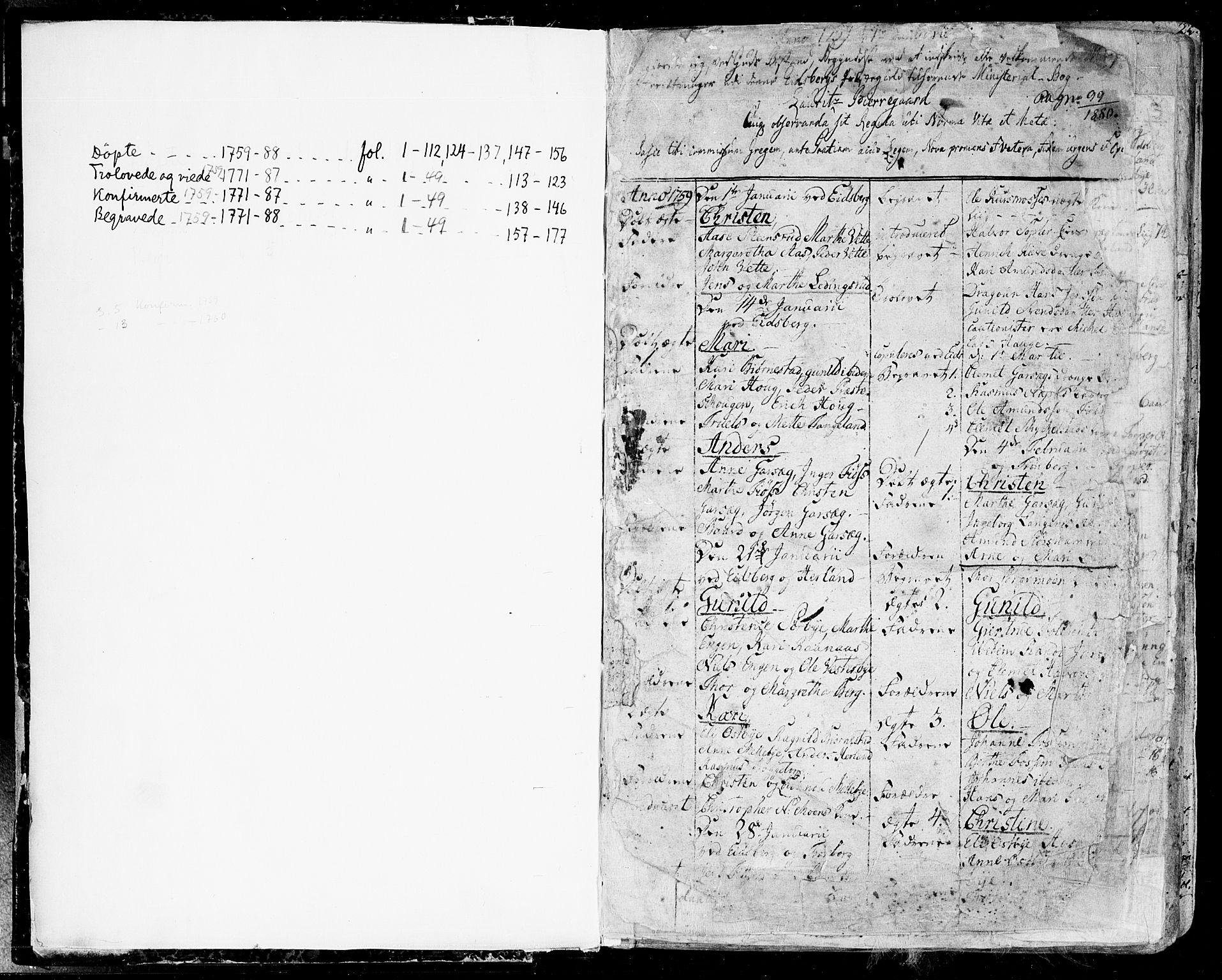 Eidsberg prestekontor Kirkebøker, AV/SAO-A-10905/F/Fa/L0004: Parish register (official) no. I 4, 1759-1788, p. 1