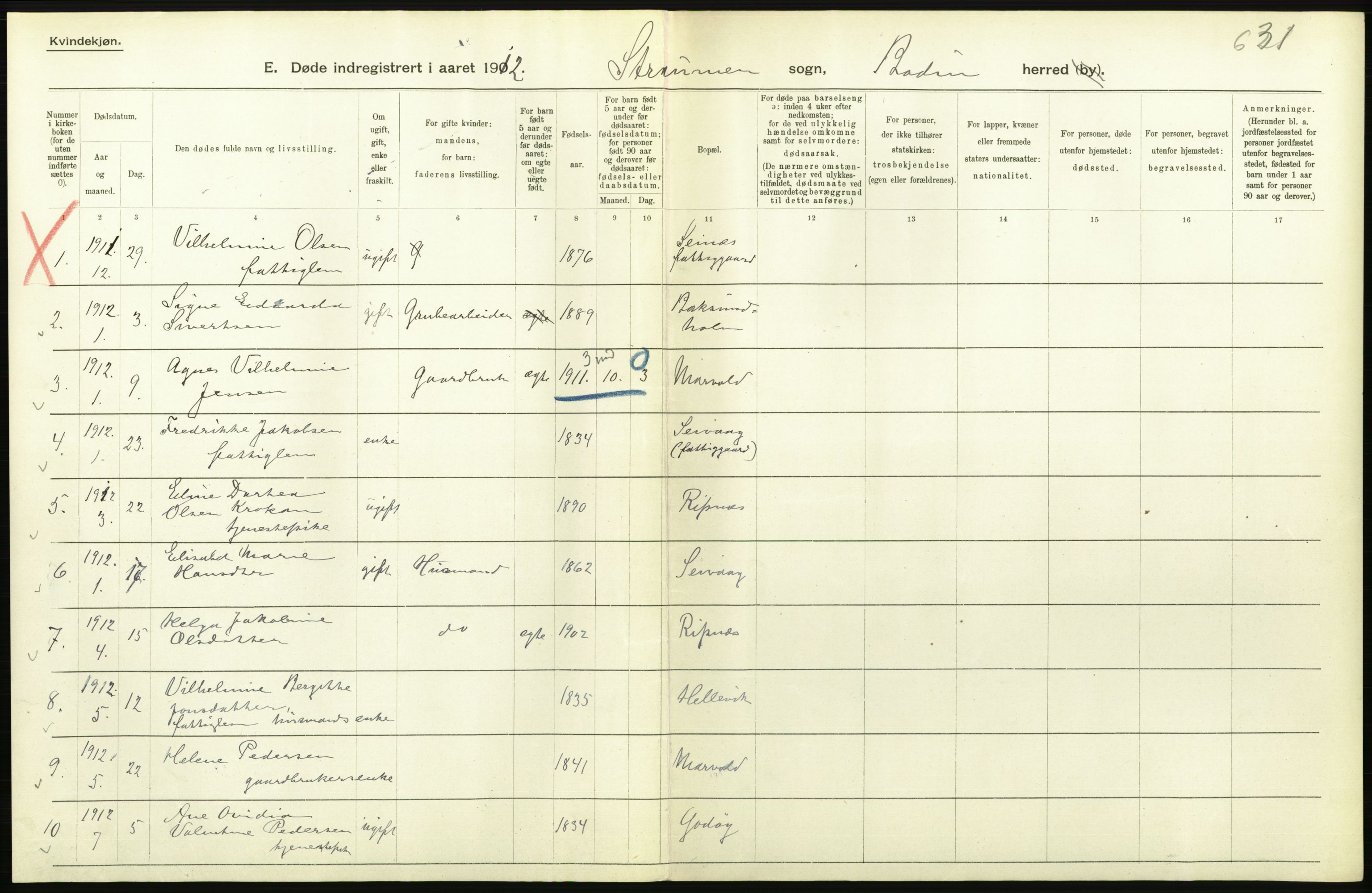 Statistisk sentralbyrå, Sosiodemografiske emner, Befolkning, RA/S-2228/D/Df/Dfb/Dfbb/L0048: Nordlands amt: Døde, dødfødte. Bygder og byer., 1912, p. 56