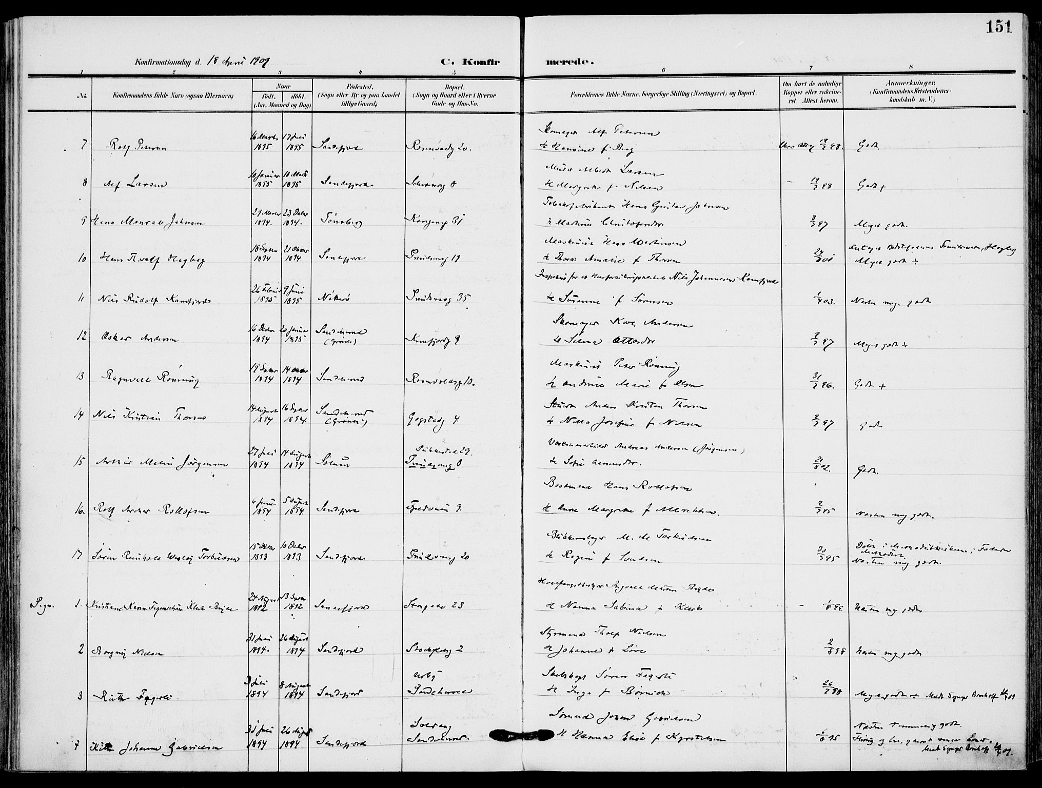 Sandefjord kirkebøker, AV/SAKO-A-315/F/Fa/L0005: Parish register (official) no. 5, 1906-1915, p. 151