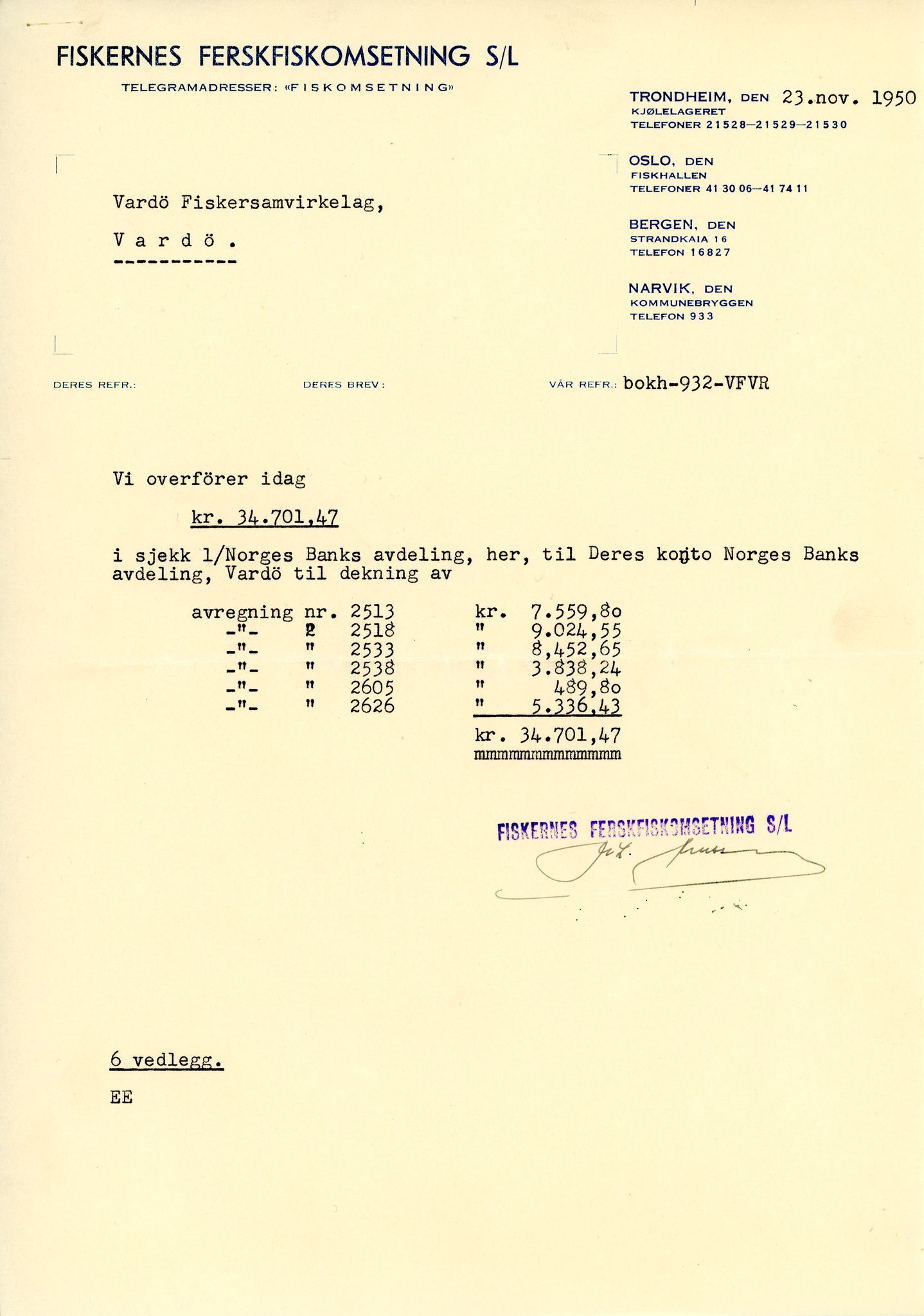 Vardø Fiskersamvirkelag, VAMU/A-0037/D/Da/L0002: Korrespondanse Er-Fi, 1946-1951