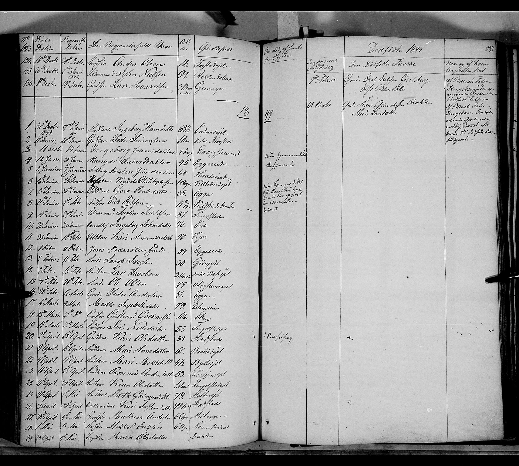 Gran prestekontor, SAH/PREST-112/H/Ha/Haa/L0011: Parish register (official) no. 11, 1842-1856, p. 1036-1037