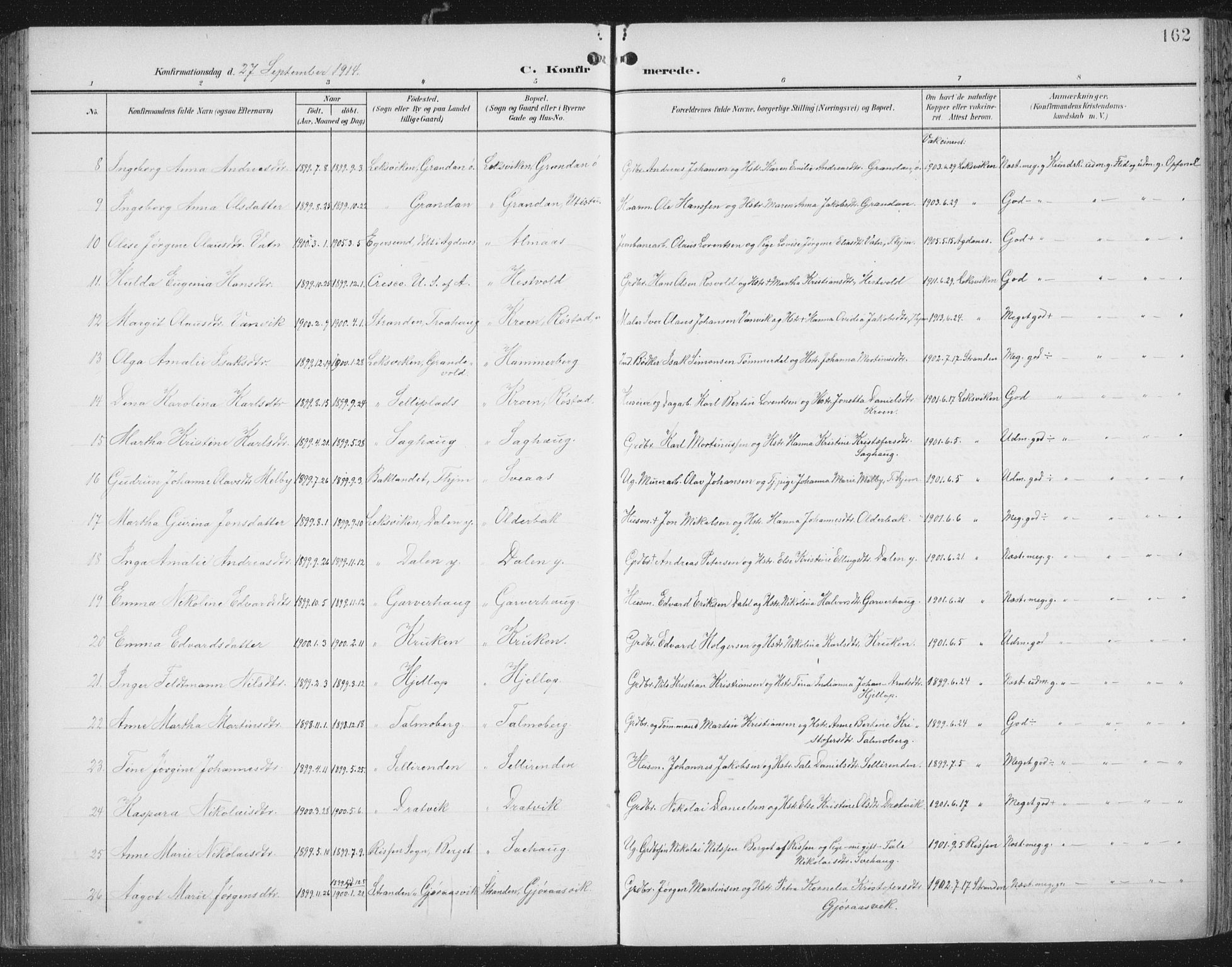 Ministerialprotokoller, klokkerbøker og fødselsregistre - Nord-Trøndelag, SAT/A-1458/701/L0011: Parish register (official) no. 701A11, 1899-1915, p. 162