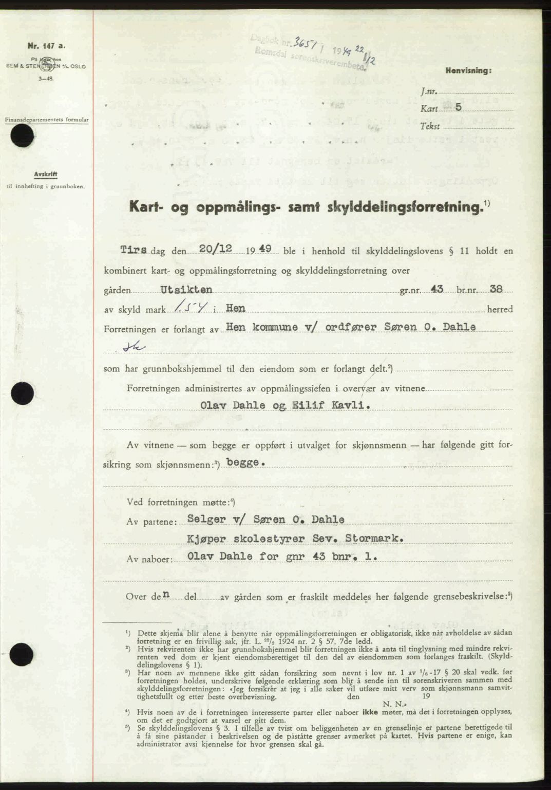 Romsdal sorenskriveri, AV/SAT-A-4149/1/2/2C: Mortgage book no. A31, 1949-1949, Diary no: : 3651/1949