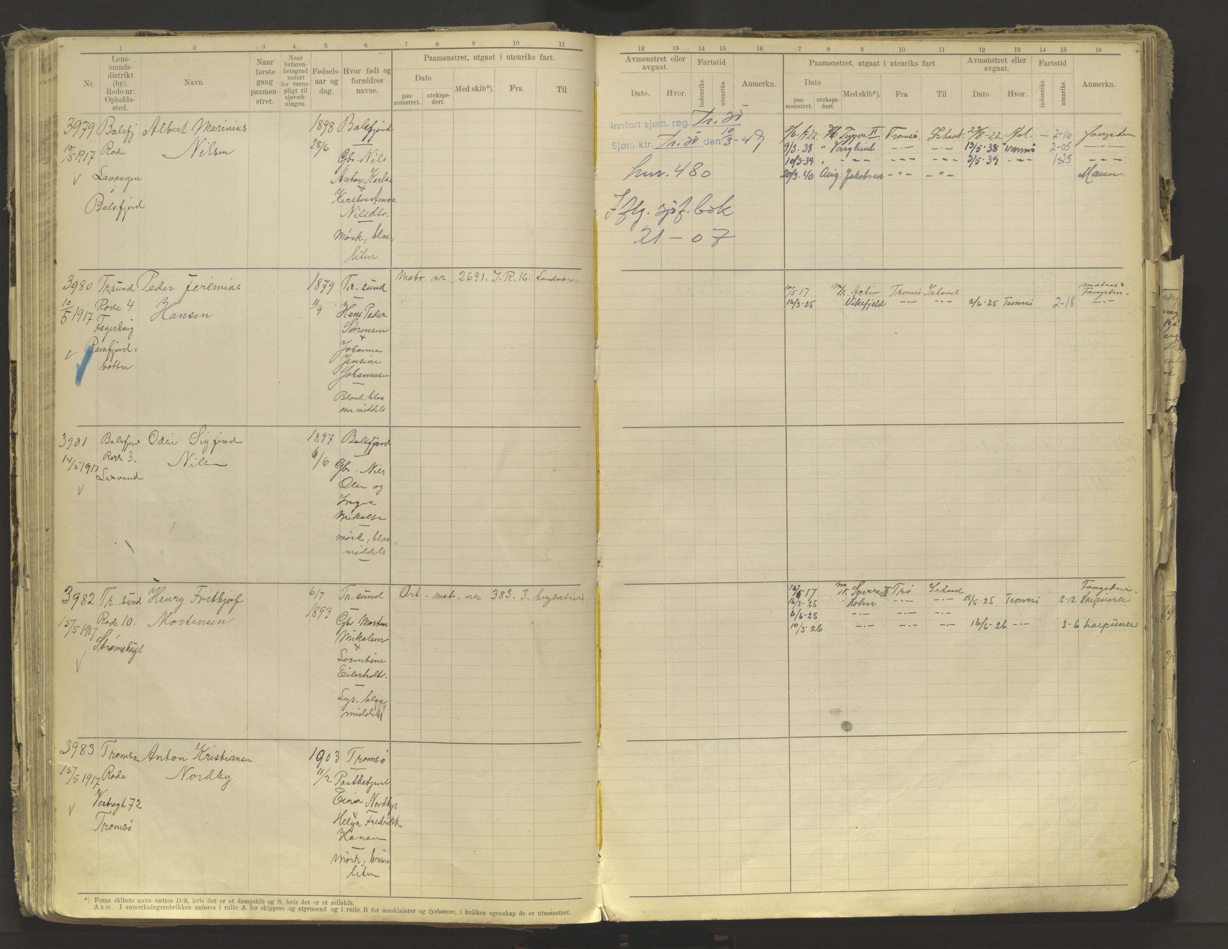 Tromsø sjømannskontor/innrullerings-/mønstringsdistrikt, AV/SATØ-S-0243/F/Fb/L0010: Annotasjonsrulle. Defekt: løs innbinding. Nr. 3519-4972, 1916-1920