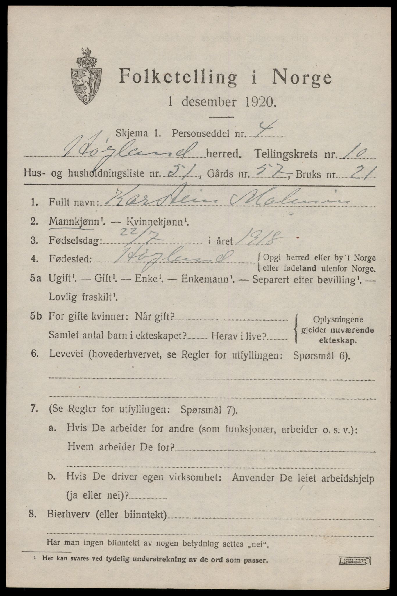 SAST, 1920 census for Høyland, 1920, p. 7830