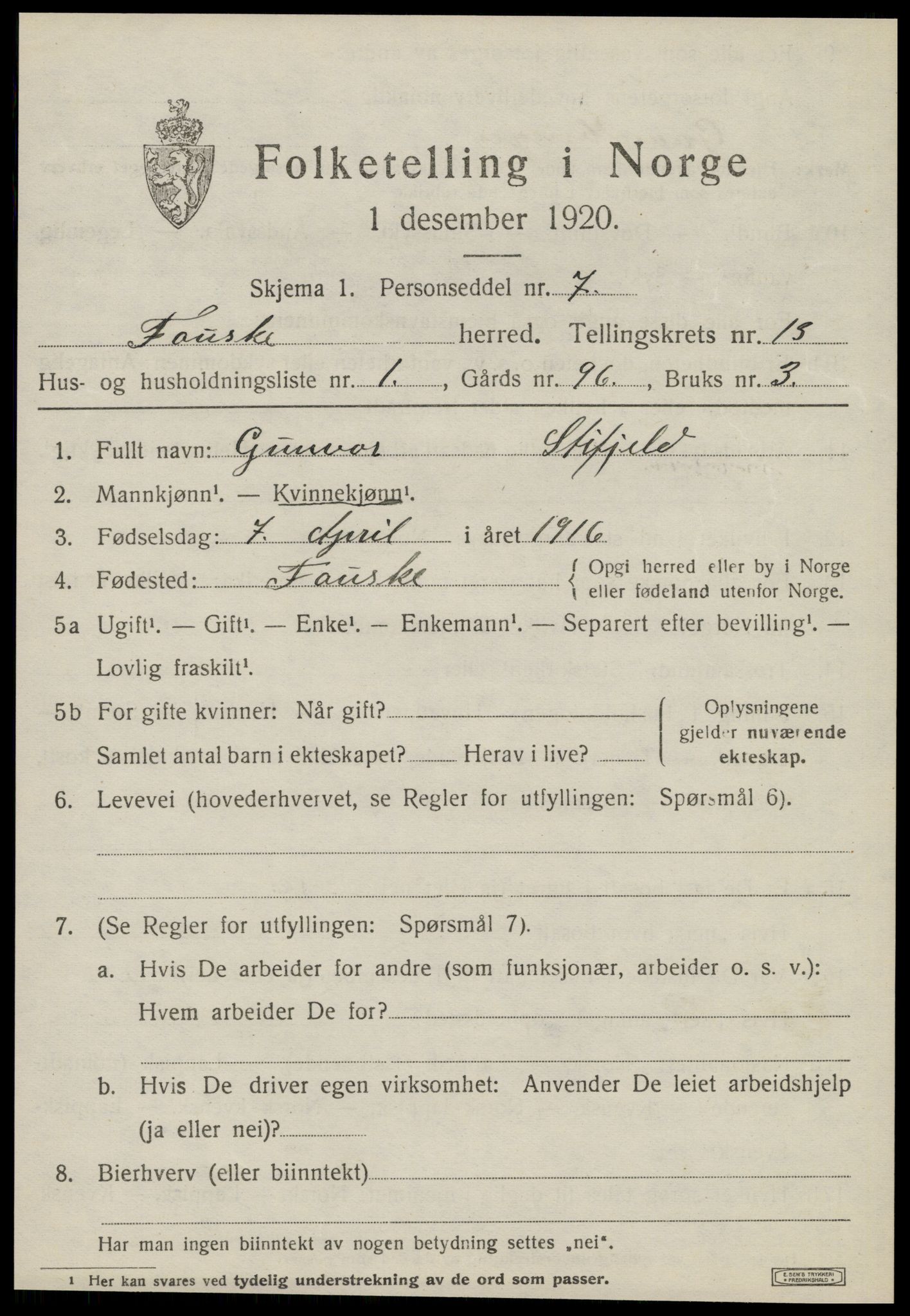 SAT, 1920 census for Fauske, 1920, p. 8372