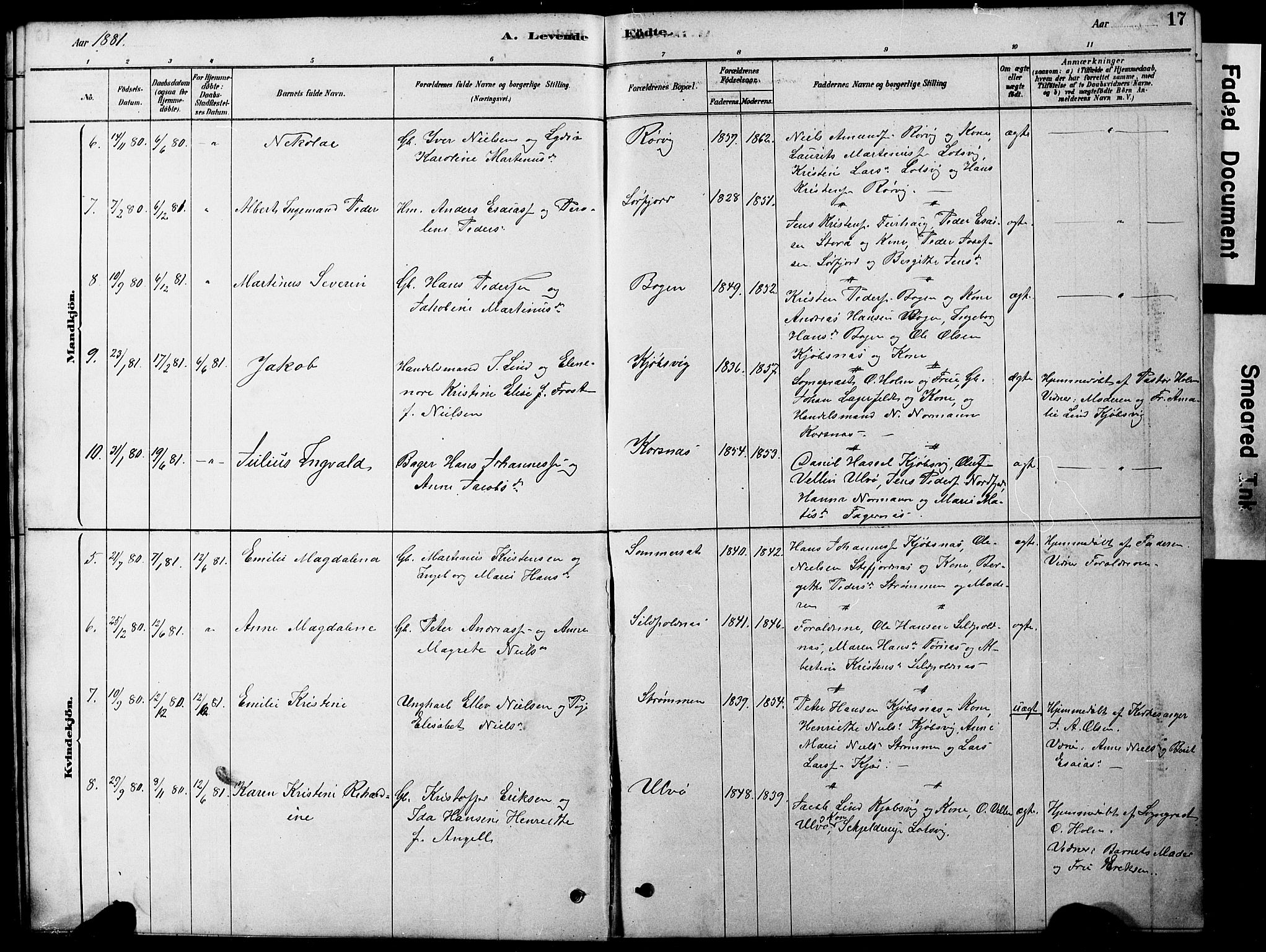 Ministerialprotokoller, klokkerbøker og fødselsregistre - Nordland, AV/SAT-A-1459/861/L0875: Parish register (copy) no. 861C01, 1879-1887, p. 17