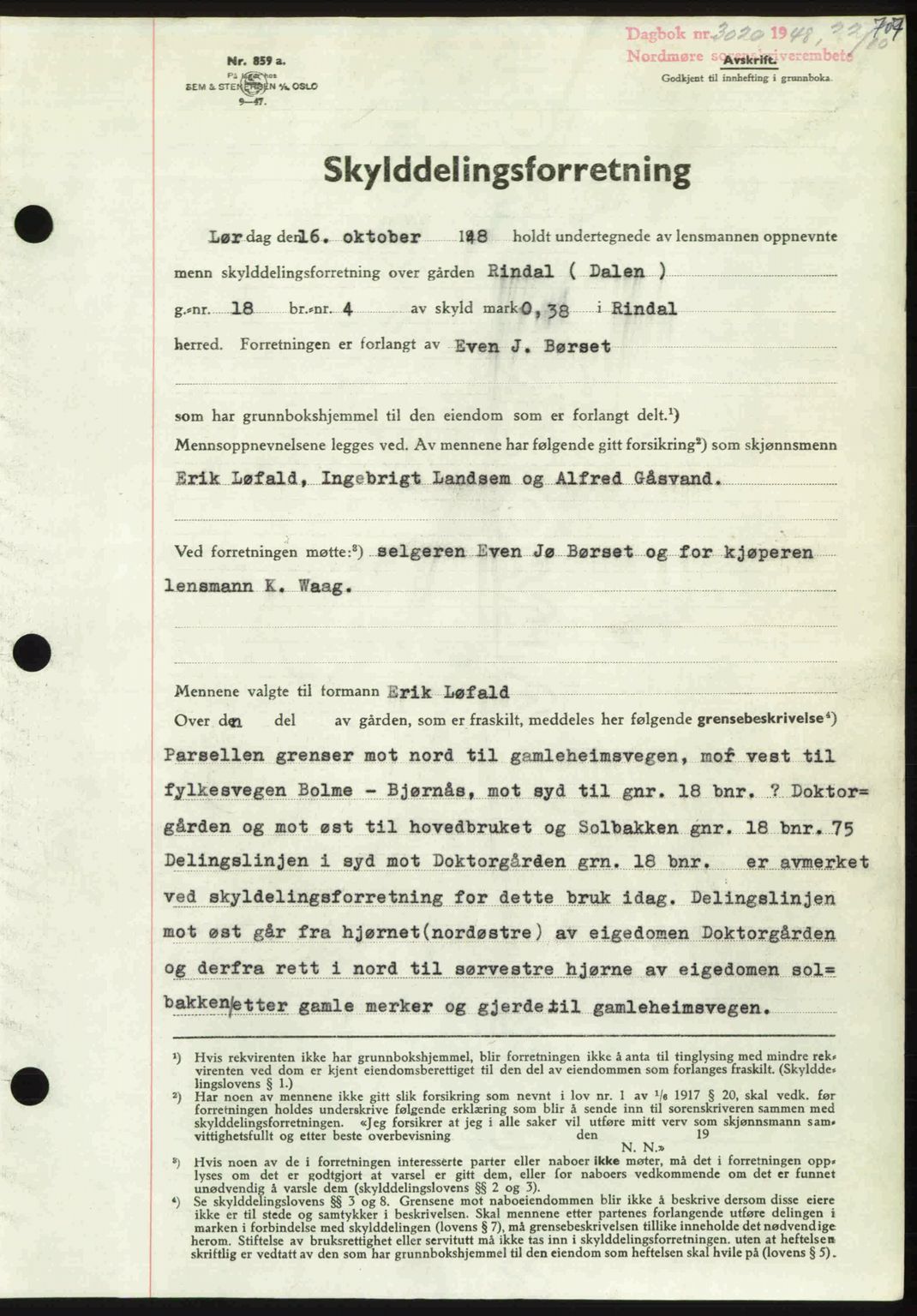 Nordmøre sorenskriveri, AV/SAT-A-4132/1/2/2Ca: Mortgage book no. A109, 1948-1948, Diary no: : 3020/1948