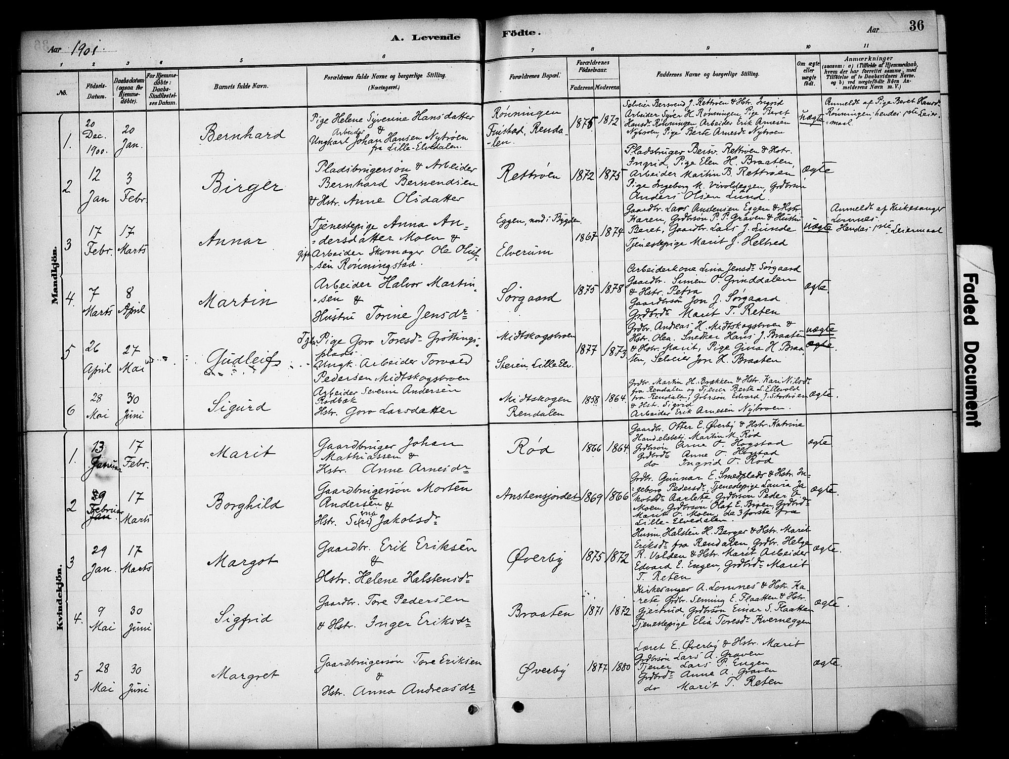Tynset prestekontor, SAH/PREST-058/H/Ha/Haa/L0023: Parish register (official) no. 23, 1880-1901, p. 36