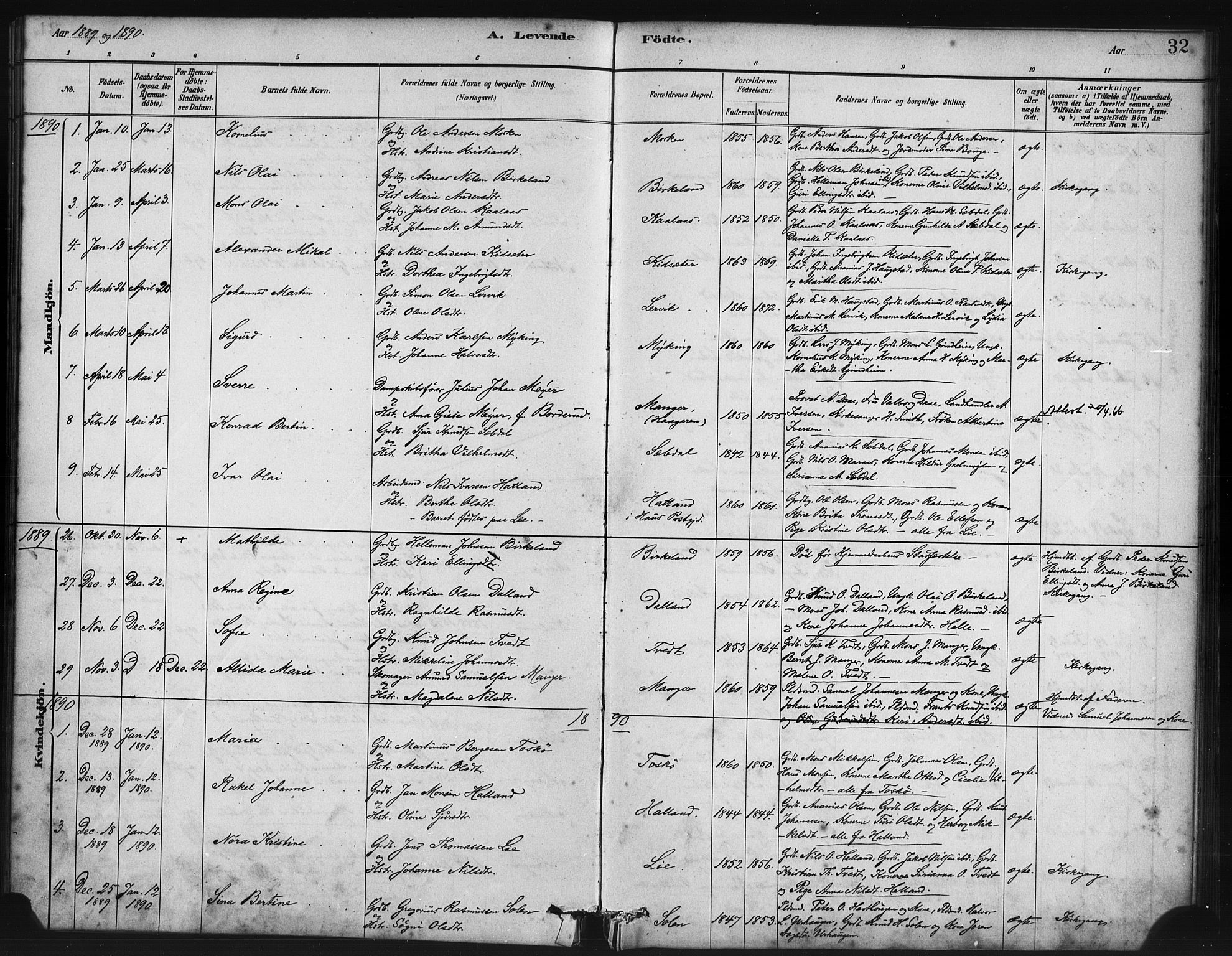 Manger sokneprestembete, SAB/A-76801/H/Haa: Parish register (official) no. B 1, 1881-1892, p. 32