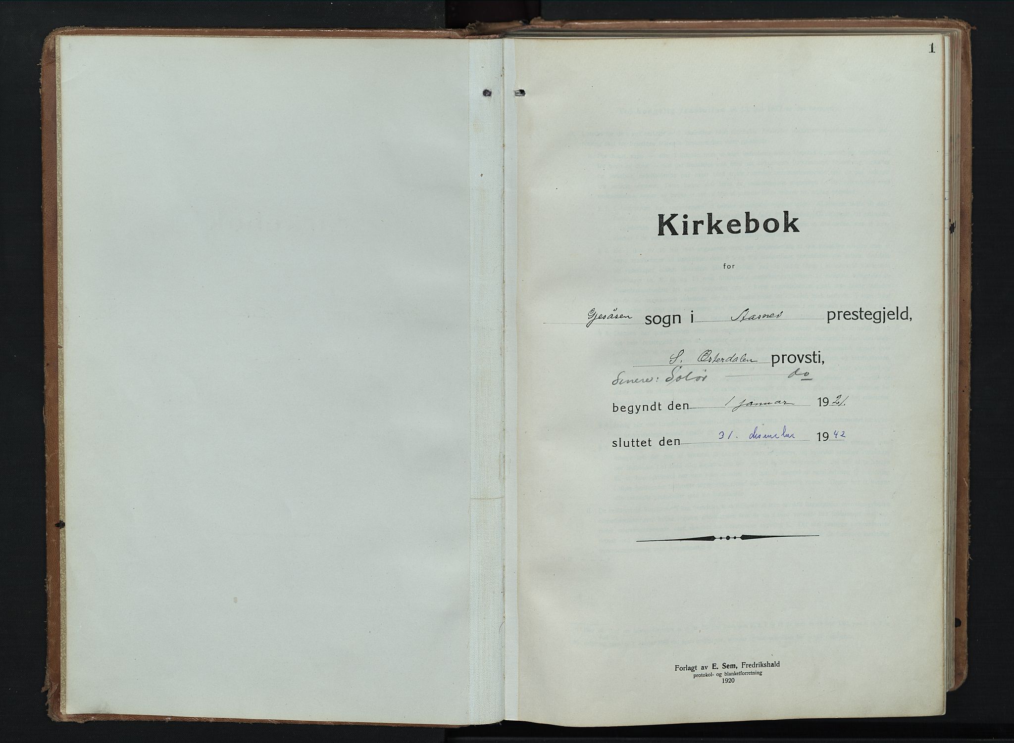 Åsnes prestekontor, AV/SAH-PREST-042/H/Ha/Hab/L0012: Parish register (copy) no. 12, 1921-1942, p. 1