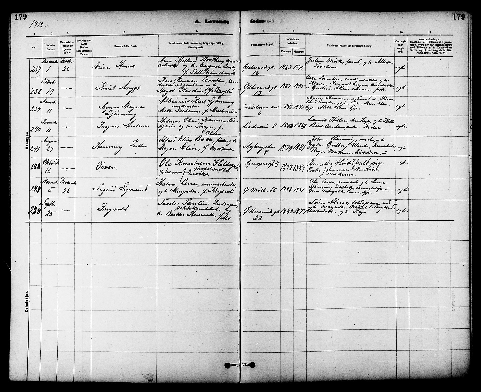 Ministerialprotokoller, klokkerbøker og fødselsregistre - Sør-Trøndelag, SAT/A-1456/605/L0254: Parish register (copy) no. 605C01, 1908-1916, p. 179