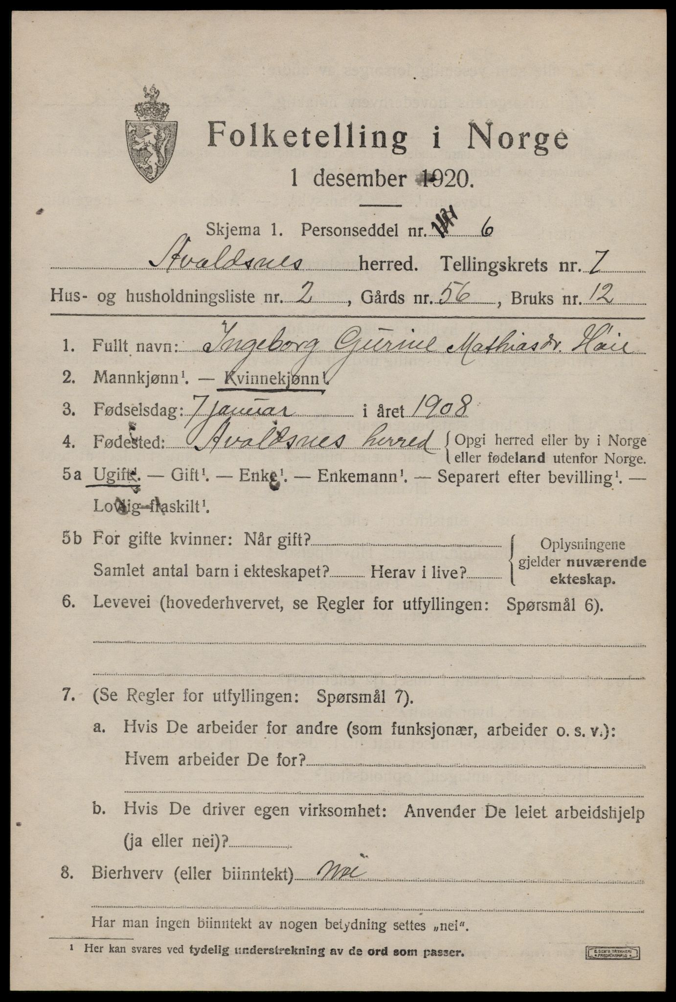 SAST, 1920 census for Avaldsnes, 1920, p. 5889