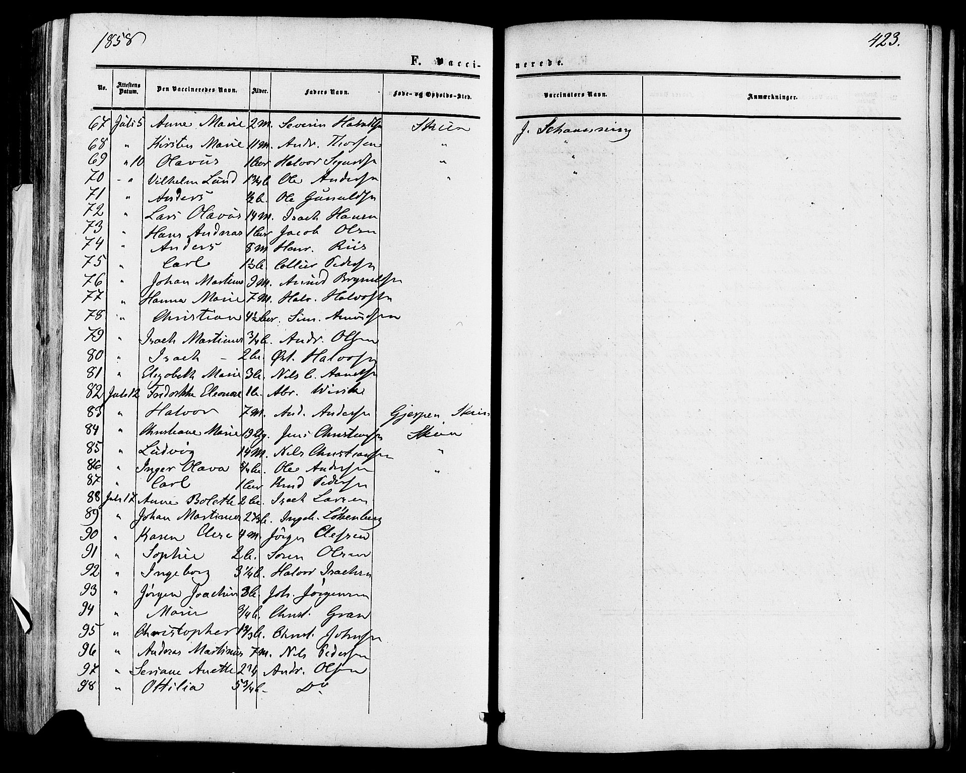 Skien kirkebøker, SAKO/A-302/F/Fa/L0007: Parish register (official) no. 7, 1856-1865, p. 423