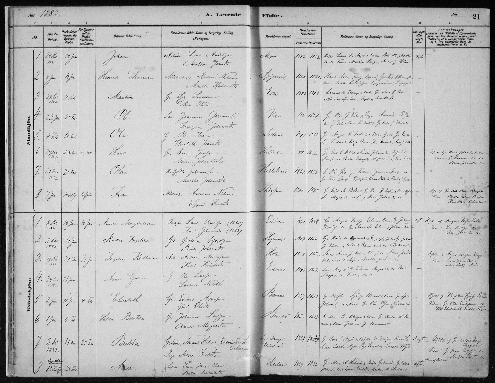 Hosanger sokneprestembete, AV/SAB-A-75801/H/Haa: Parish register (official) no. B  1, 1880-1896, p. 21