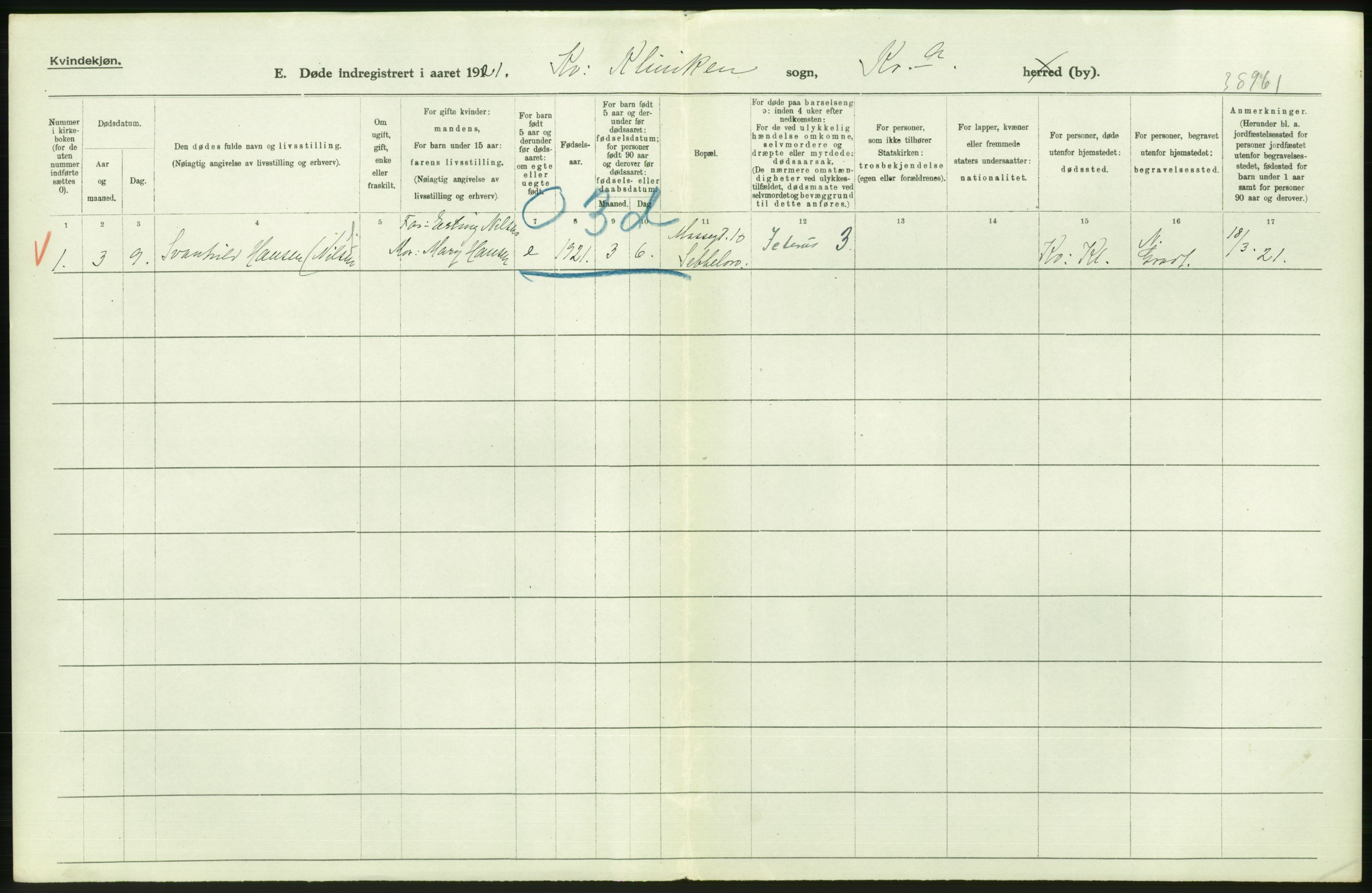 Statistisk sentralbyrå, Sosiodemografiske emner, Befolkning, AV/RA-S-2228/D/Df/Dfc/Dfca/L0013: Kristiania: Døde, dødfødte, 1921, p. 216