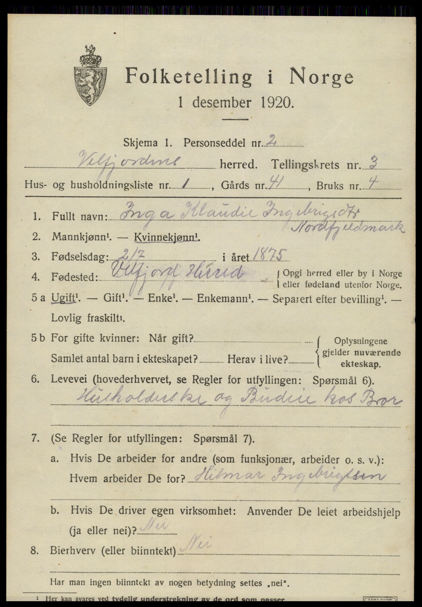 SAT, 1920 census for Velfjord, 1920, p. 2139